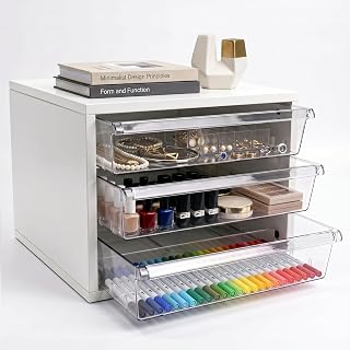 WOPITUES Wooden Desk Organizer with 3 Drawers & a Total of 5 Dividers,White | 2.36-inch-tall Plastic Storage Drawer for Large Items,Heavy-duty Makeup Organizer,Jewelry Organizer,Craft Organizers