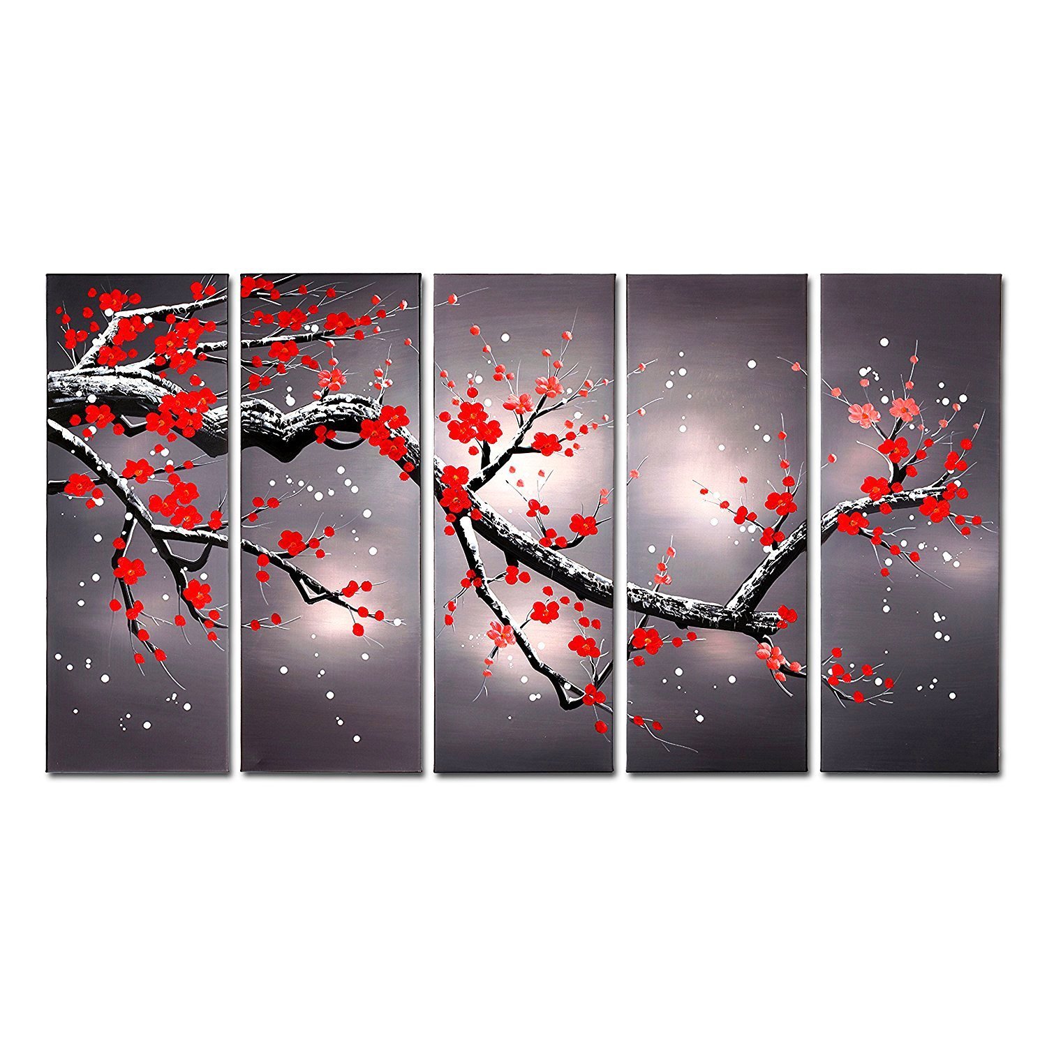 FLY SPRAY 5-Piece Framed 100% Hand Painted Oil Paintings Red Flowers Plum Tree Plants Blooming Snow Abstract Canvas Artwork Wall Art Home Decor Living Room Bedroom Natural Landscape