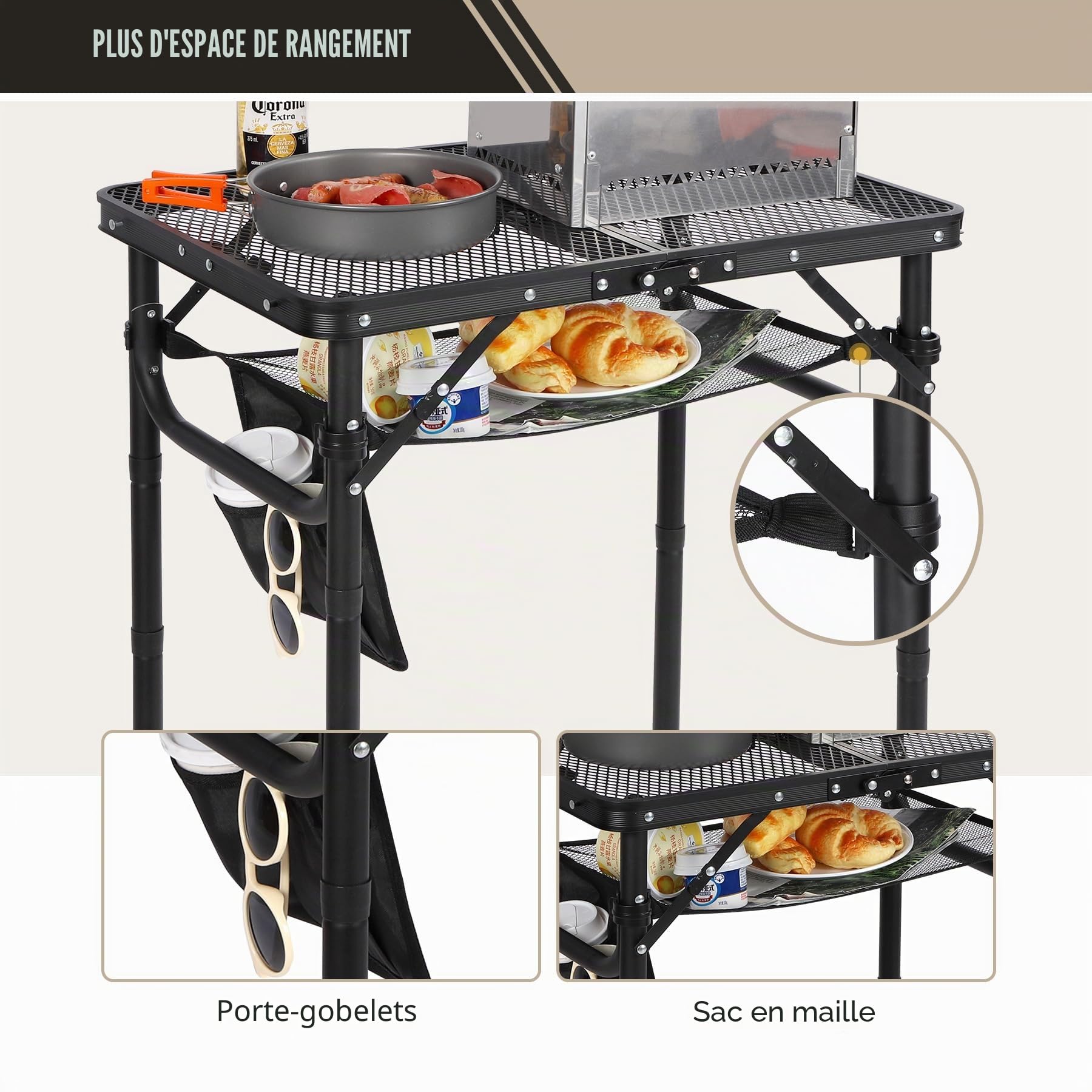 REDCAMP 60 x 40 cm Table de Camping Pliable,Table de Barbecue Pliable Portable avec Bureau, pour Camping, Cuisine, Barbecue, Pique-Nique, Facile à Monter avec Pieds réglables en Hauteur, Noir