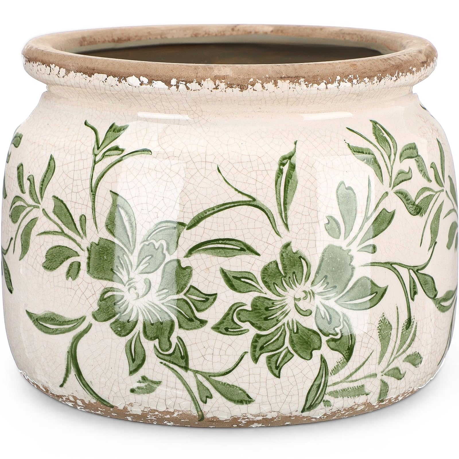 Ninehaoou 7.7" Large Vintage Ceramic Plant Pot Beige Green Farmhouse Peony Crackle Glaze Rustic Flowers Planter Pot with Drainage for Indoor Outdoor Plants Kitchen Office Shelf Home Decor Gift
