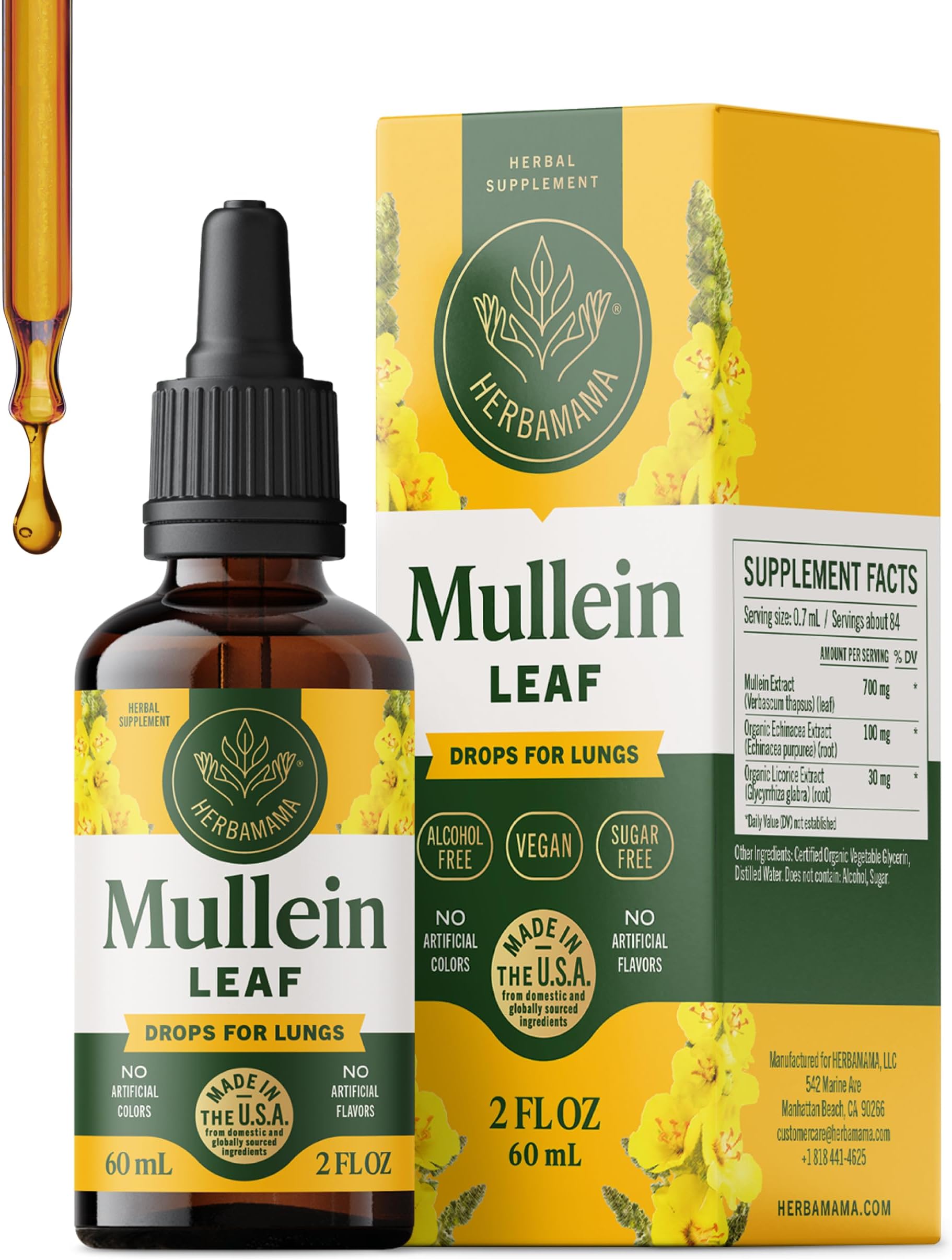 HERBAMAMA Mullein Drops for Lungs - Vegan Lung Cleanse with Mullein Leaf Extract, Echinacea Tincture & Licorice - Non-GMO, Alcohol & Sugar-Free Respiratory Support Supplement - 28-Day Supply