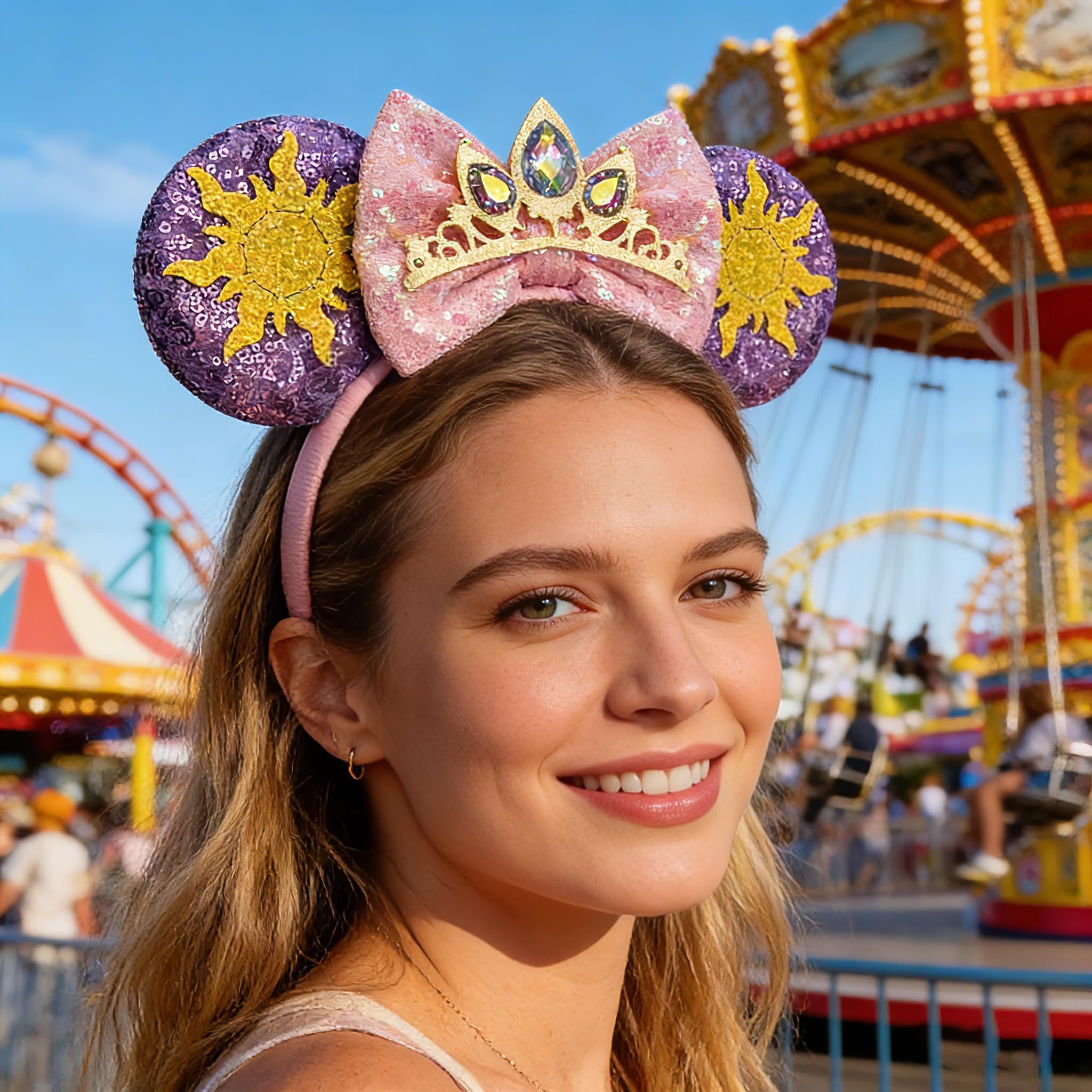Bmobuo Princess Mouse Ears Headband for Women Adult, Crown & Star Sequin Mouse Ears Cute Park Ears