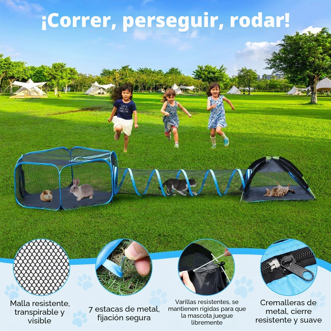 Pawaboo Parque para Mascotas con Túnel Portátil, 3 en 1 Túnel para Gatos Plegable con Tienda y Parque de Malla Transpirable, Corralito para Gatos Conejos Animales Pequeños, Azul Claro + Negro