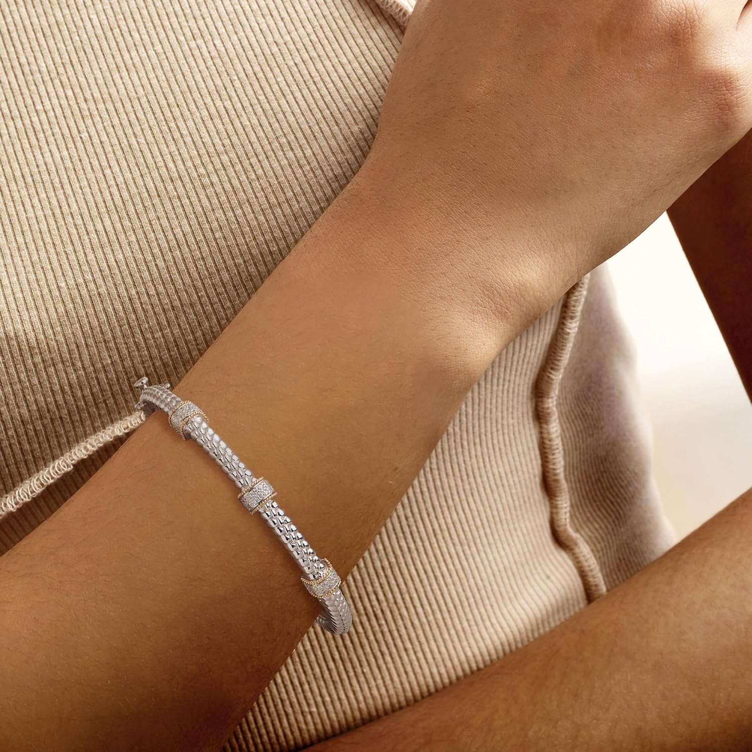 Ross-Simons 0.11 ct. t.w. Diamond Station Bangle Bracelet in Sterling Silver and 14kt Yellow Gold