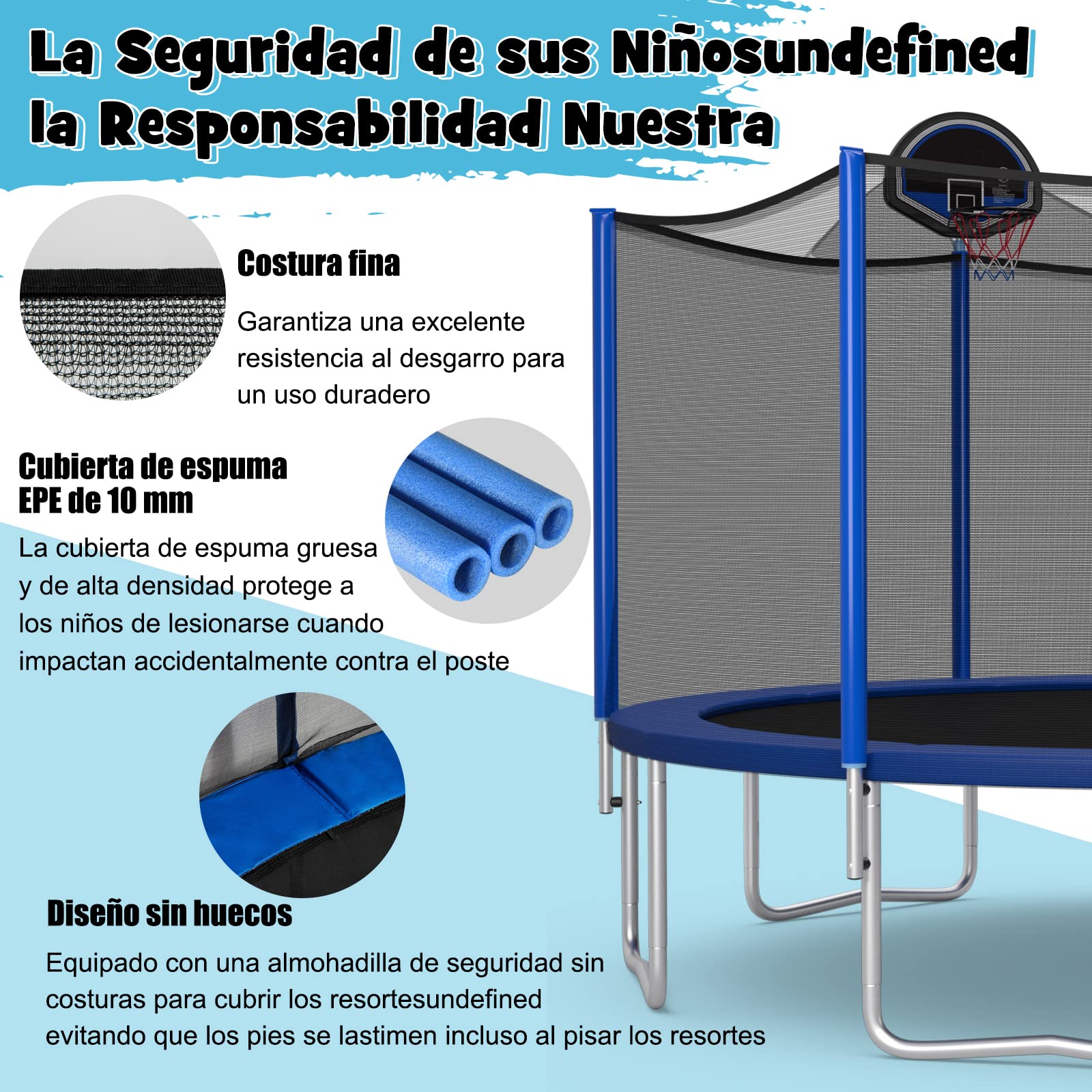 COSTWAY Cama Elastica Niños Exterior Ø366 cm, Trampolines para Niños y Adultos con Red de Seguridad, 72 Muelles y Escalera de 3 Peldaños, Cansta de Baloncesto, Cama Elástica Capacidad de Carga 180 kg