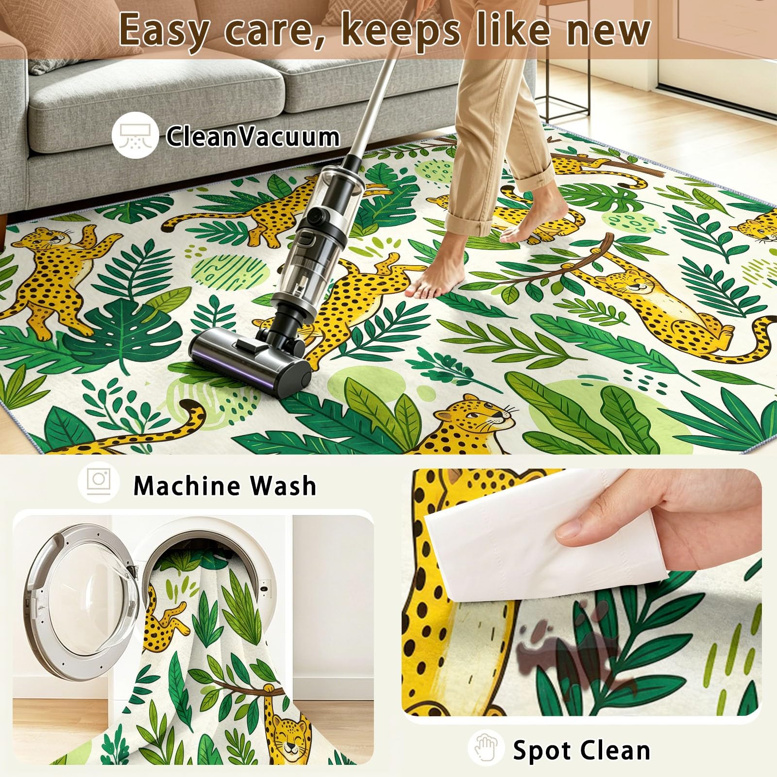 Tropisch Cartoon Leopard Monstera Farnblätter Waschbarer Schlafzimmer Teppich 120 x 170 cm - abwaschbar rutschfest Weich - Teppich für Wohnzimmer Esszimmer Büro Kinderzimmer