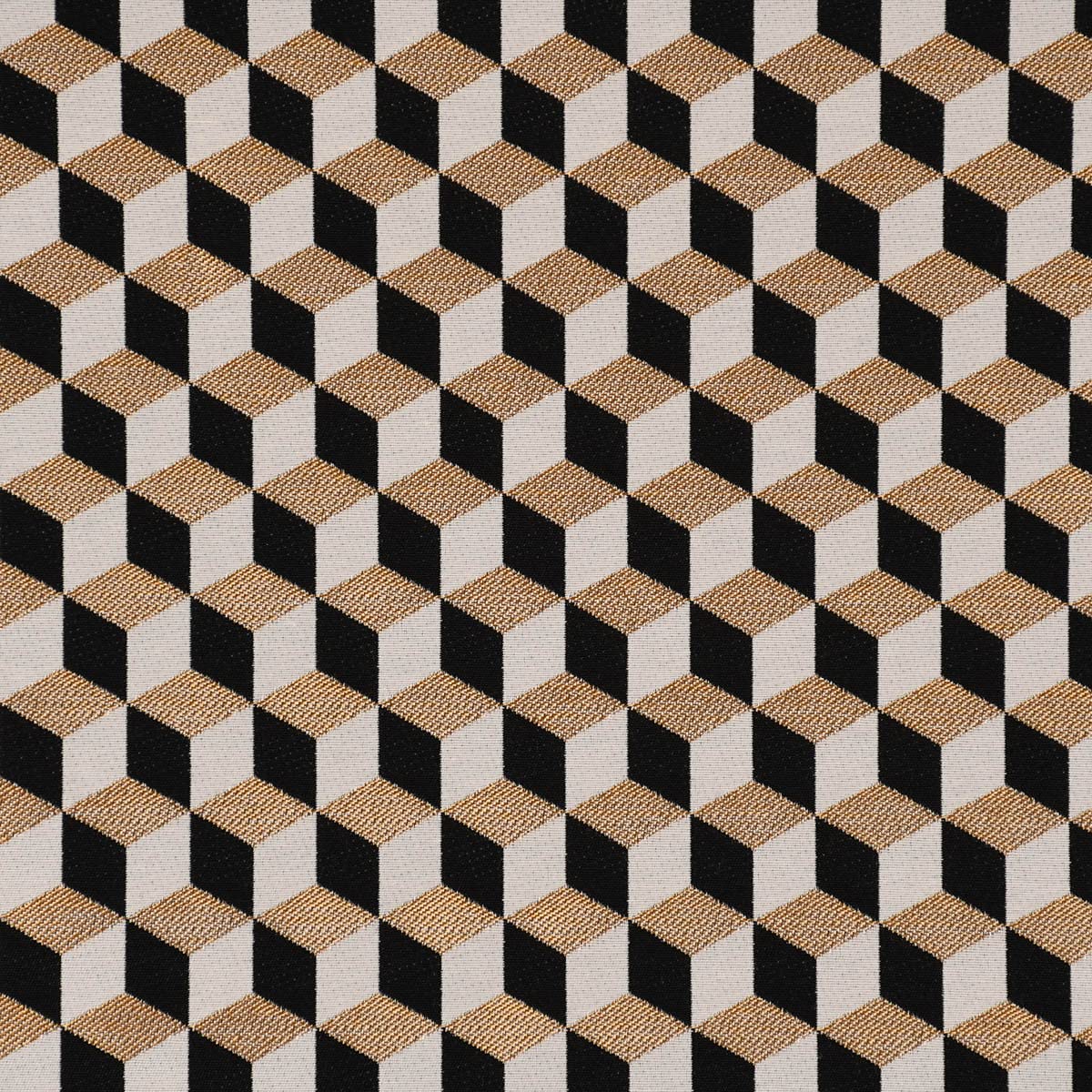 SCHÖNER LEBEN. Tela decorativa Jacquard Metálica Cube Geometric Luxury 3D Cubo Negro Oro Crudo 1,4m Ancho