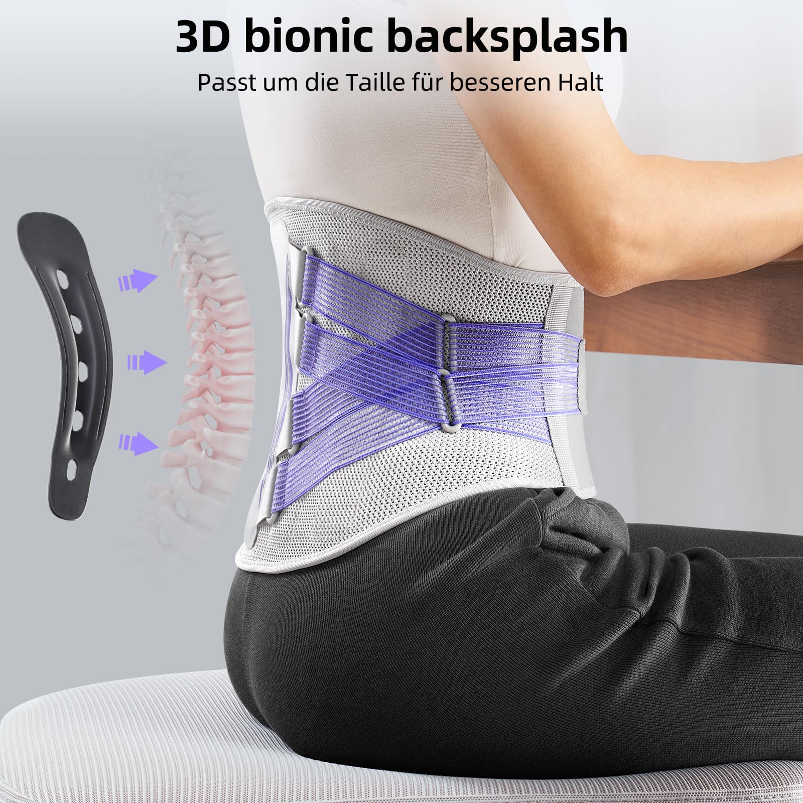 FREETOO Rückenstützgürtel 3D-Gestrick Ultra Atmungsaktiv Rückenbandage für Herren und Damen 5 Stützmodule zur Linderung von Rückenschmerzen Lila Stylischer Haltungskorrektor für urbane Schönheiten M