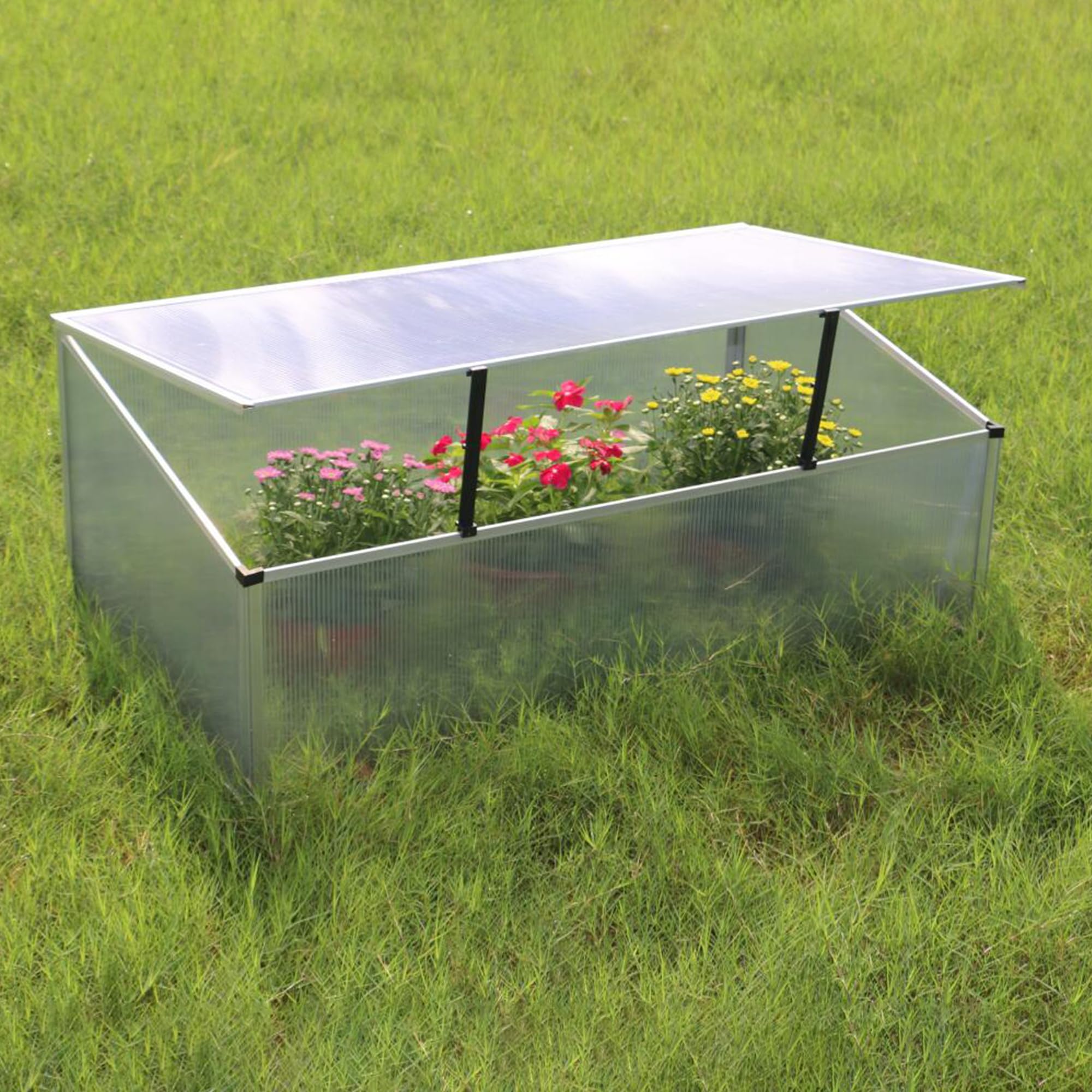 NATIV Frühbeetkasten mit Hohlkammerplatten, Frühbeet mit Aluminium-Rahmen, Hochbeet-Abdeckung mit arretierbarem Dach, Frühbeetaufsatz für Hochbeet 100 x 60 cm, Mini Gewächshaus