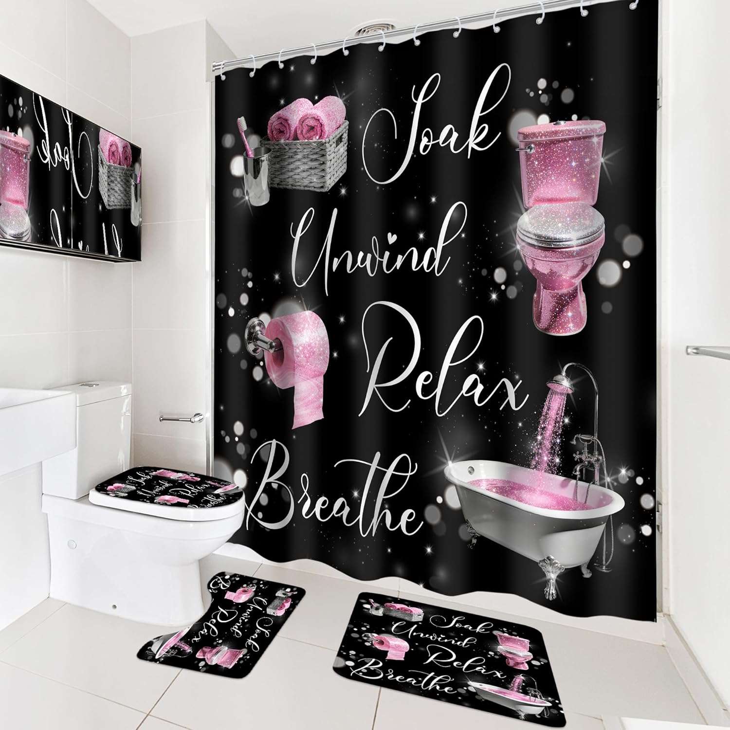 Cinbloo 4Pcs Black Pink Shower Curtain Set, Fashion Funny Quotes Positive Inspirational Words Modern Bathroom Curtain with Rug, Toilet Lid Cover, Bath Mat, Women Girls Shower Curtain with 12 Hooks