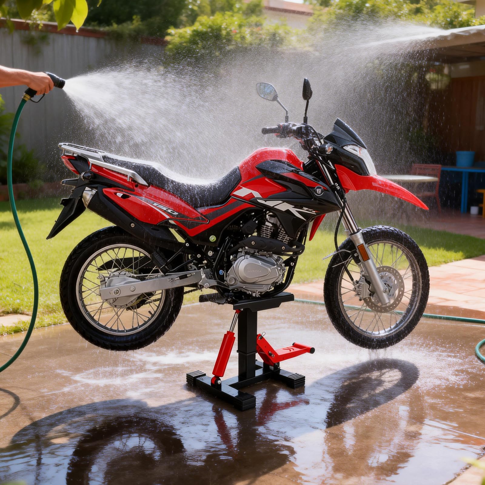 Hydrauliczny stojak na rower Dirtbike 453 kg, ze zdejmowaną tacą na narzędzia, regulowana wysokość, stół podnośnikowy z bardzo dużą i antypoślizgową platformą do motocykli terenowych, motocyklowych