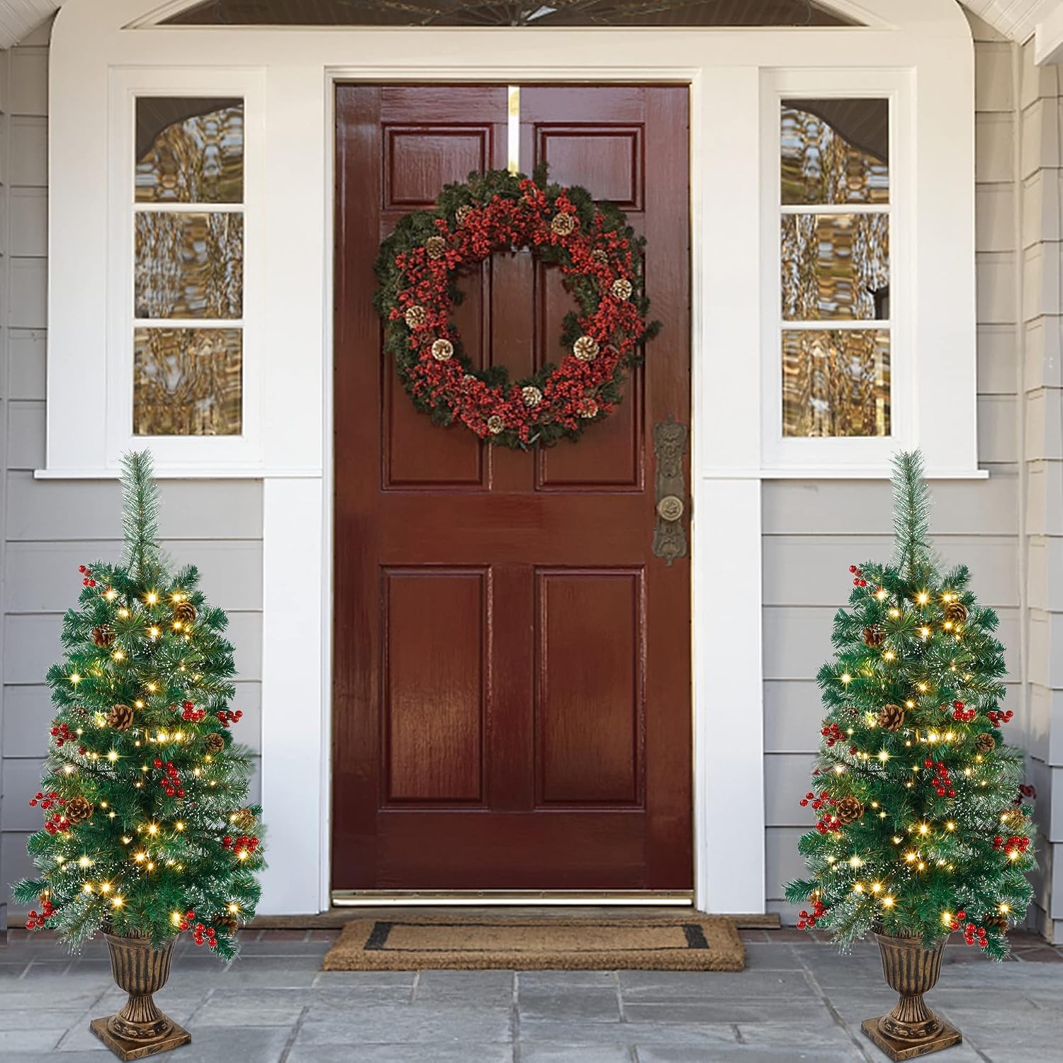 Juegoal 2 Pack Christmas Tree, 3 FT Pre-Lit Artificial Crestwood Spruce Entrance Trees in Gold Urn Base with 100 LEDs Lights, Pine Cones, Red Berries for Front Door, Porch, Entryway Xmas Decorations