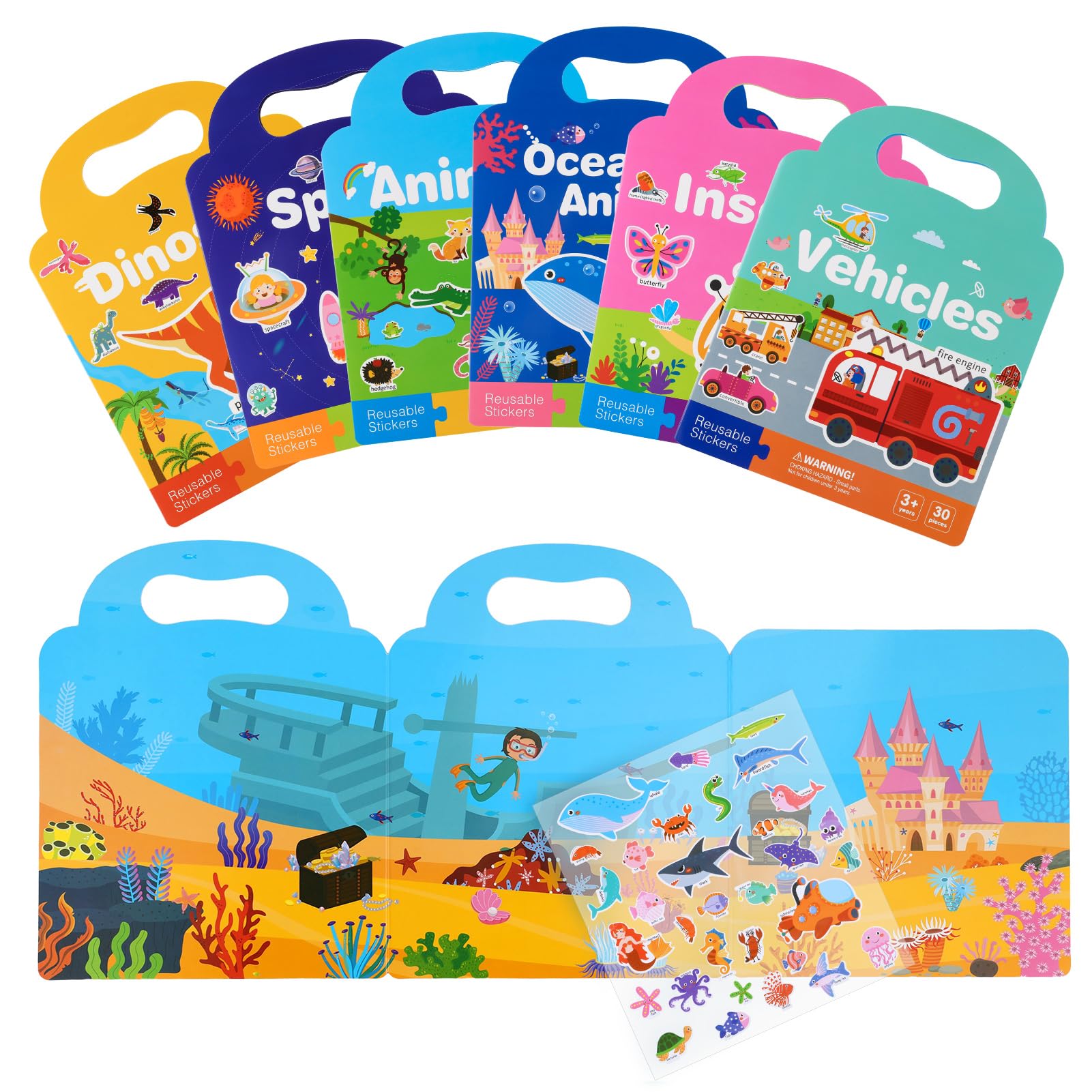 Candcamp 6 Pack Reusable Sticker Book,6 Scenes 3D Puffy Sticker Book Educational Sensory Learning Travel Toy for Kids 3+ Year olds