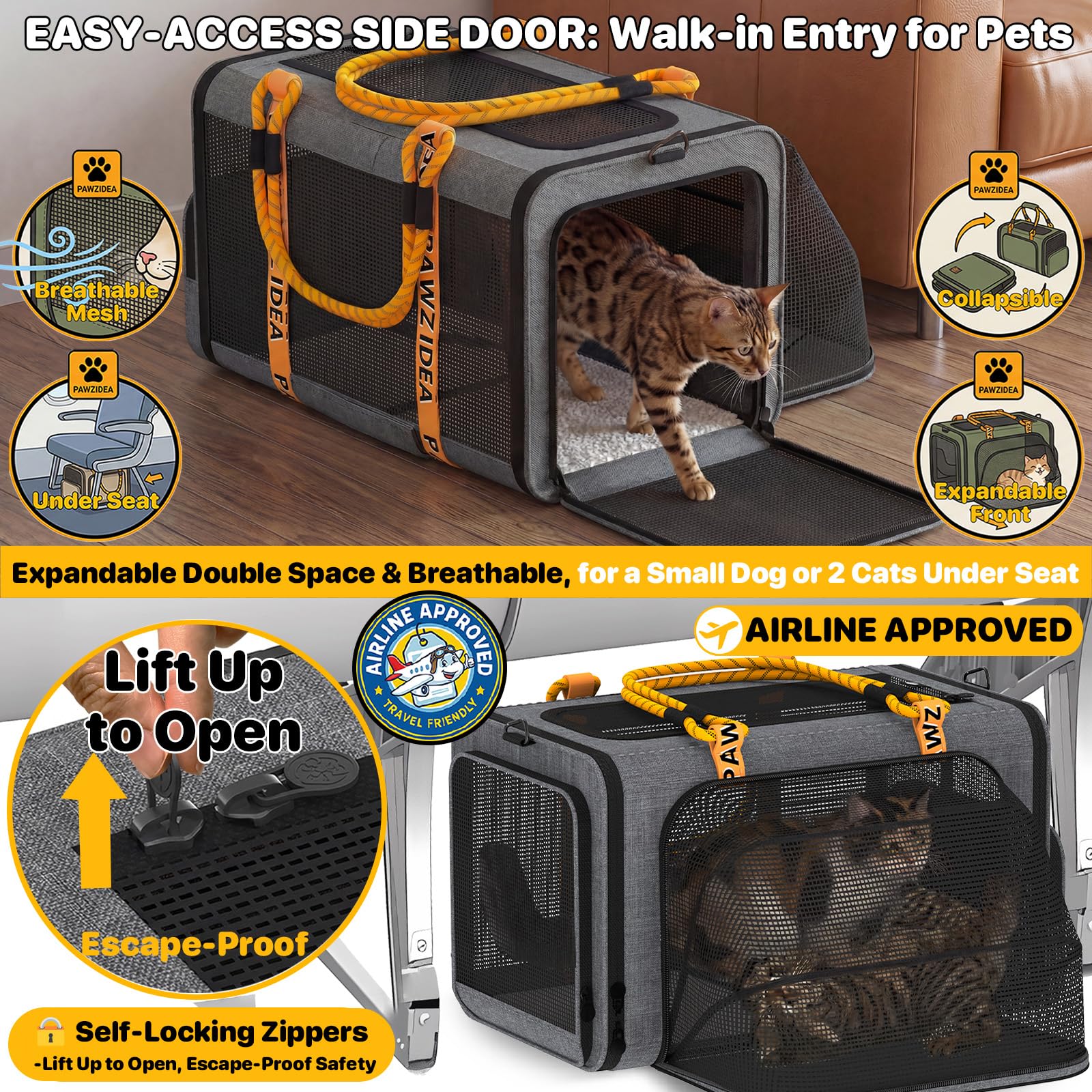 PAWZIDEA Expandable Pet Carrier Airline Approved, 18&times;11&times;11 Inches Small Dog Carriers, Collapsible Top-Load Cat Carrier for 2 Cats Under Seat, Soft-Sided Puppy & Animal Travel Bag, ID Card, Up to 15lbs - image 3