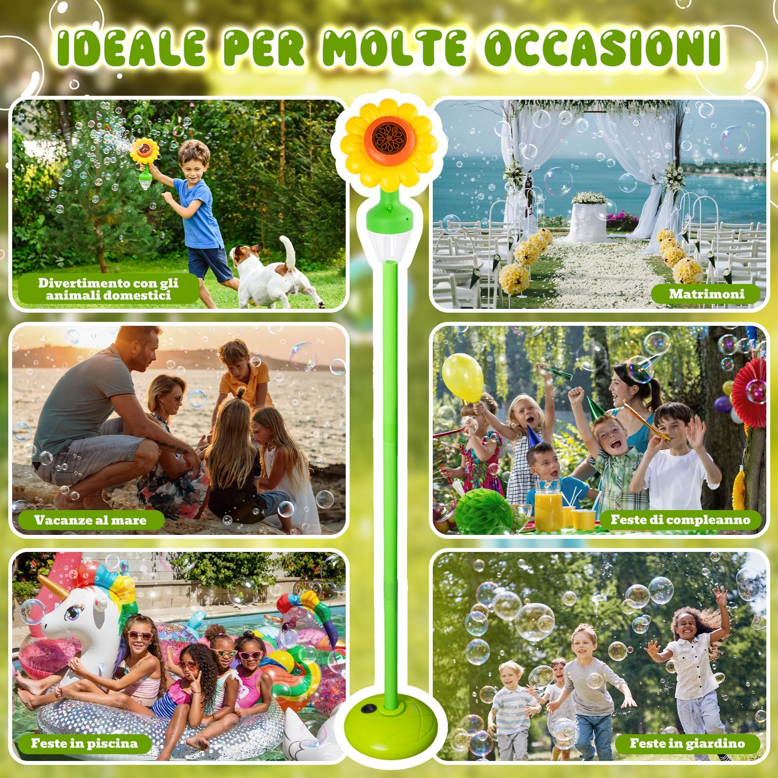 Macchina per Bolle Automatica, Macchina per Bolle di Sapone Ricaricabile con Luci e Musica per Bambini, All'Aperto, Giardino, Compleanno, Matrimonio, Festa, con Telecomando (Giallo)