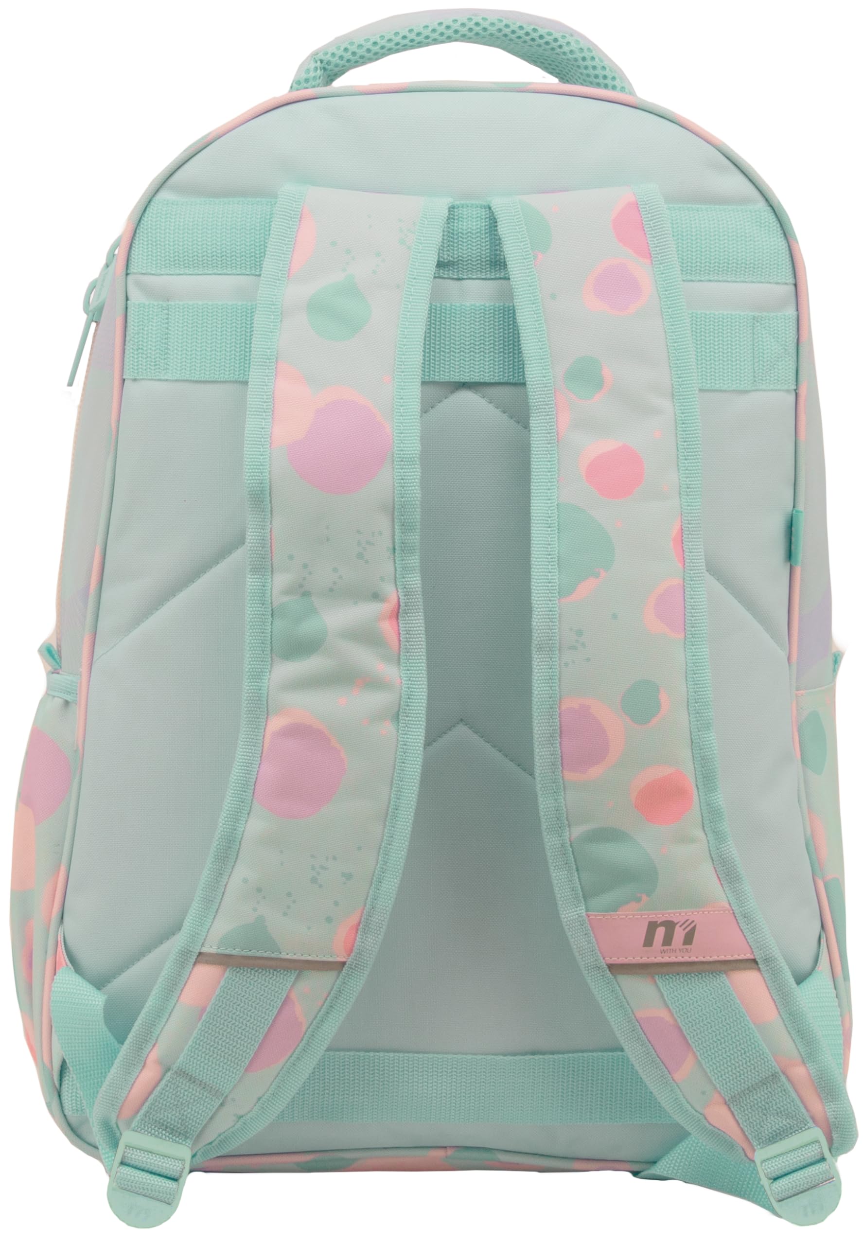 Sportandem Tandem mochila escolar doble cuerpo con compartimento acolchado para portátil, 23 L, bolsillos para botella y organizador, verde pastel/celeste/rosa