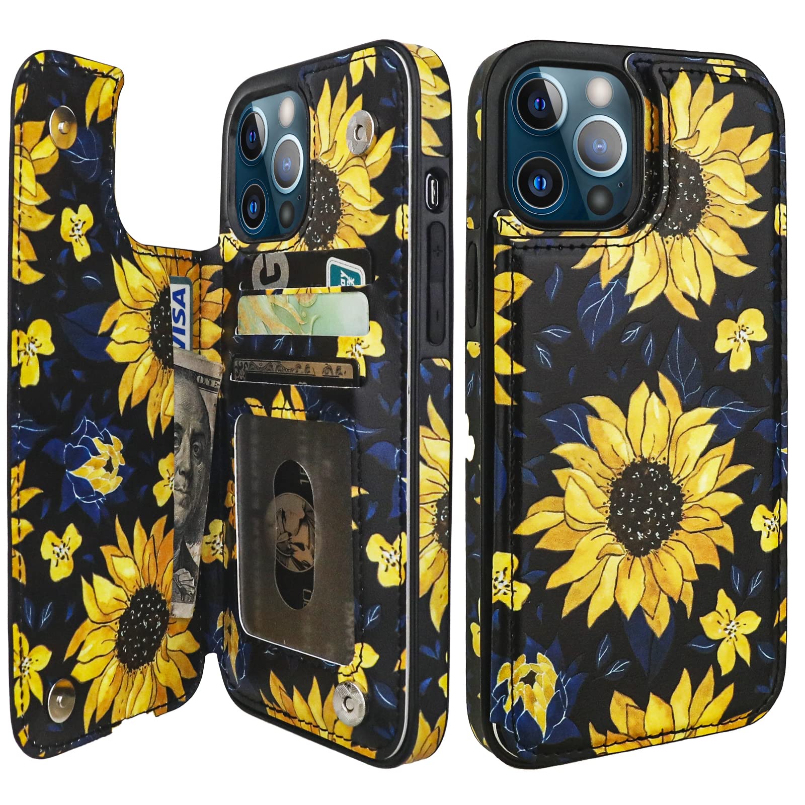 HAOPINSH for iPhone 12 Pro Max Wallet Case with Card Holder, Blooming Sunflowers Pattern Back Flip Case PU Leather Kickstand Card Slots Case for Women