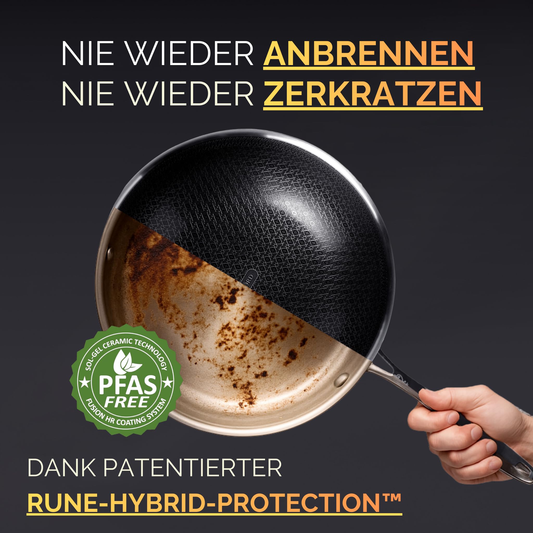 NYORD Wokpfanne [TESTSIEGER] | Antihaft Pfanne 30cm 5,5L | Hybrid Keramikbeschichtung Edelstahl Wok PFOA frei | Kratzfest Spülmaschinenfest Wabenpfanne | Wok Induktion Gas Ceran Pfanne mit Deckel