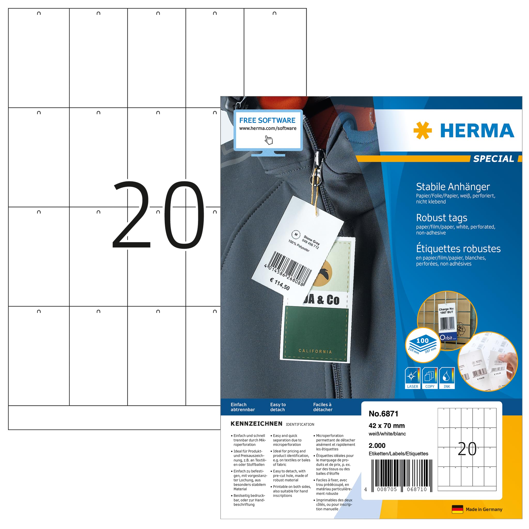 HERMA 6871 Stabile Anhänger perforiert, 100 Blatt, 42 x 70 mm, 20 pro A4 Bogen, 2000 Stück, bedruckbar, matt, blanko Preisanhänger Produktanhänger aus Papier/Folie/Papier-Verbund, weiß