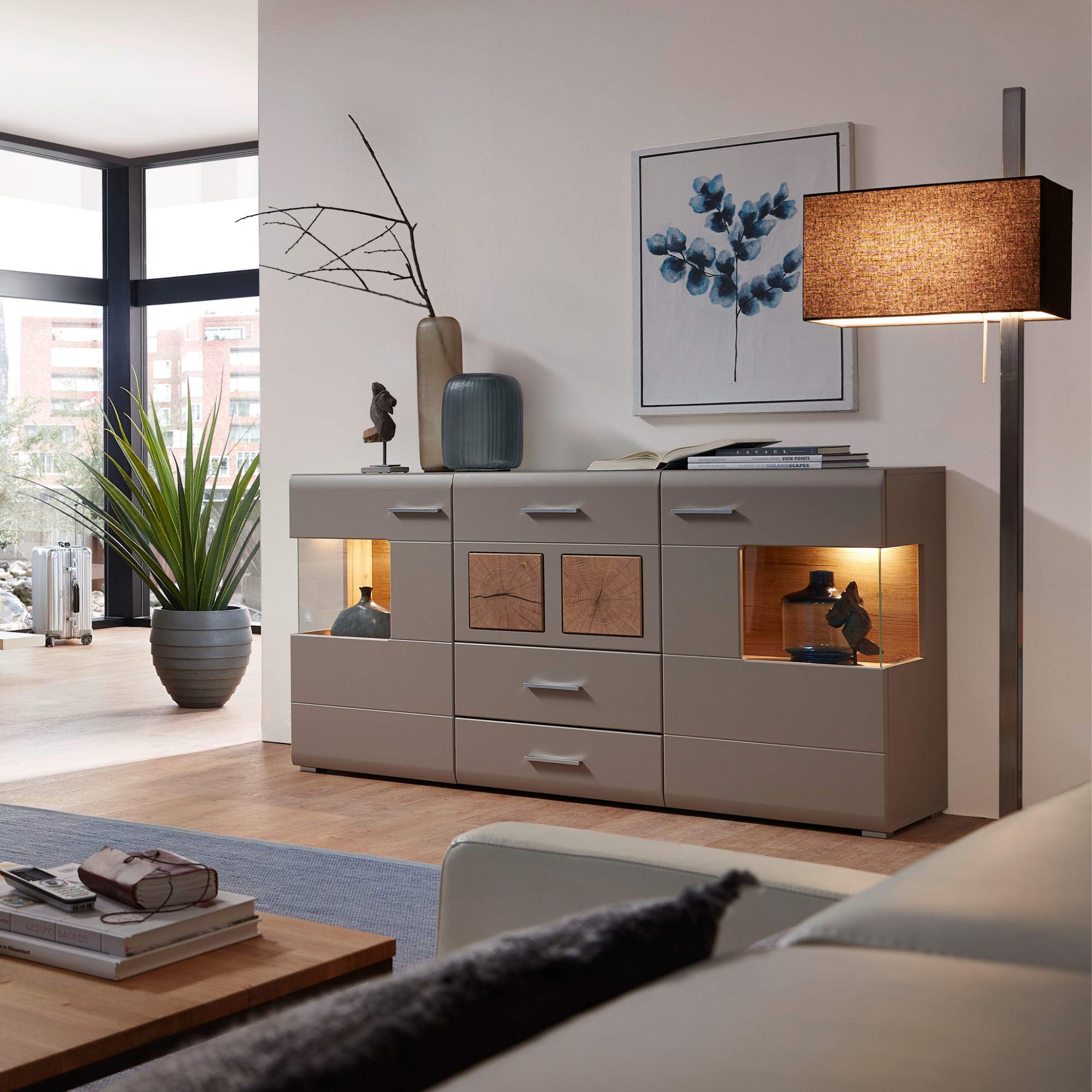 Stella Trading Fun Plus 2 Sideboard Kommode in Basalt mit LED-Beleuchtung