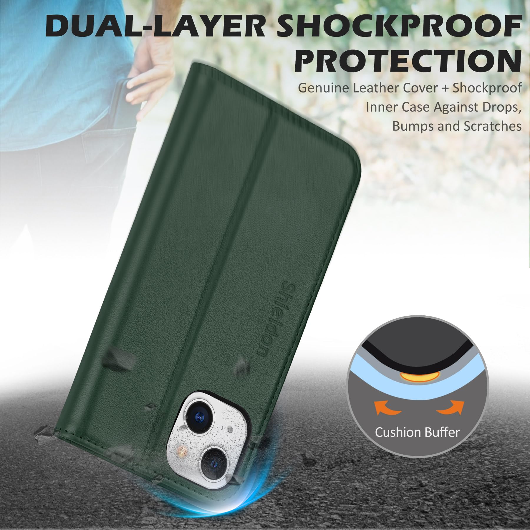 SHIELDON Etui Portfel do iPhone 13 6,1", Zielony | Prawdziwej Skóry, Etui na Karty, Blokada RFID, Podpórka, Zapięcie Magnetyczne, Etui z Klapką Odporną na Wstrząsy