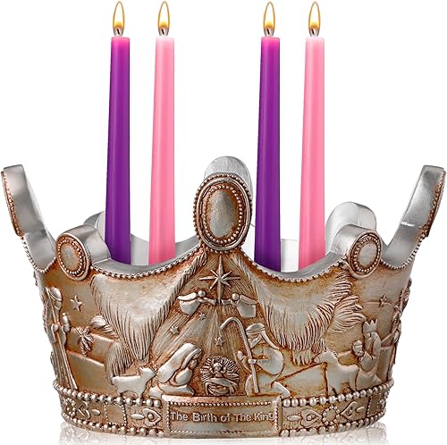 Miniatura 5 de Portavelas de Adviento de 9.4 pulgadas, corona de adviento de resina, centro de mesa, candelabro de Navidad de la Santa Familia, portavelas
