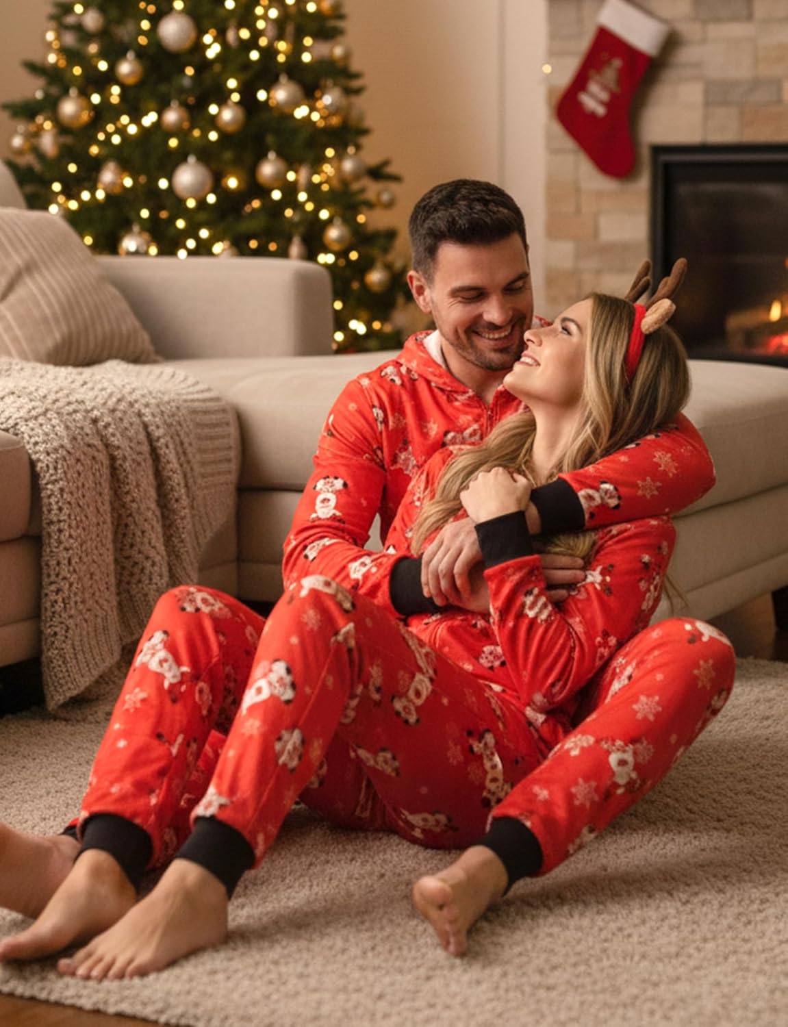 BFONS Christmas Pajamas for Couples Matching Onesie Adult, Long Sleeve Zipper Hoodie Reindeer Family Set for Women - Image 6