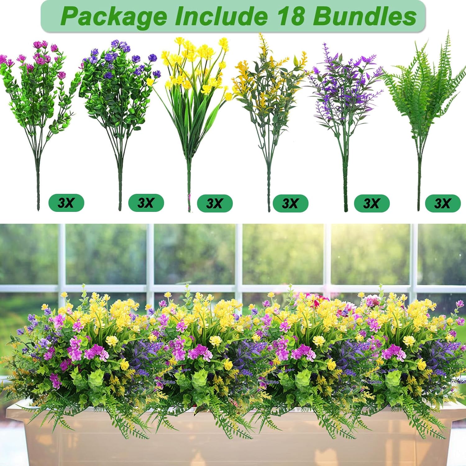 18 Bundles Artificial Flowers for Outdoor UV Resistant No Fade Boxwood Faux Plastic Shrubs Greenery Plants Fake Flowers for Balcony Planters Garden Patio Porch Window Box Home Indoor Farmhouse Décor