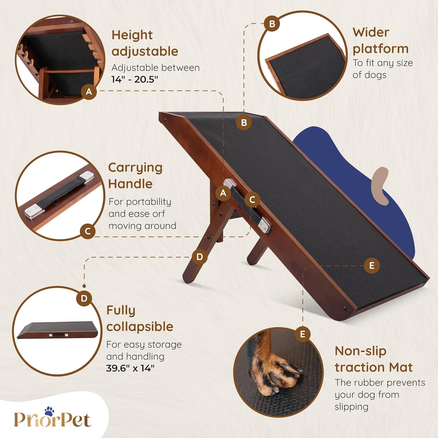 Dog Ramp for Couch – Non-Slip, Sturdy Build Foldable Wooden Dog Ramp – Supports up to 200 lbs – 7 Adjustable Heights (14"–20.5") – Enhanced Stability – Birchwood Pet Ramp for Small Dogs – Walnut