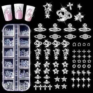 Allstarry Silver Nail Charms, 3D Goth Metal Nail Rhinestones | 17 Unique Designs Y2K with Flatback Rhinestones Bulk Goth Jewels Cross Star Planet Mary Gothic Nail Accessories