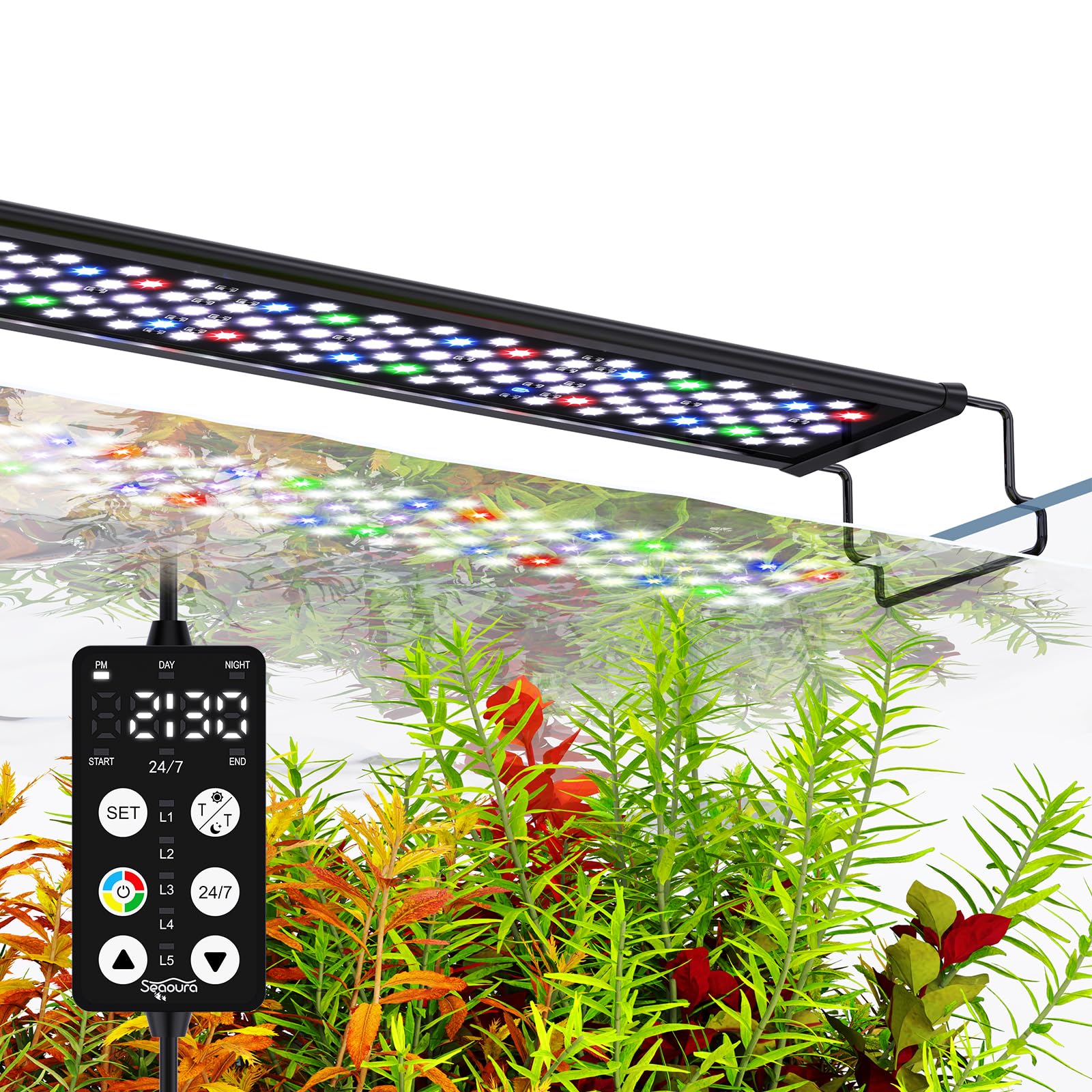 SEAOURA Aquarium Light for Fish Tank, 24/7 Custom Timer, Power-Off Memory, 7-Row LED 24-30in Full Spectrum Fish Tank Lights, 8 Colors, 20 Brightness, Day&Night Cycle, Adjustable Mount for Freshwater