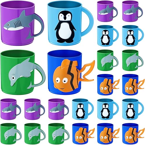 Miniatura 1 de 24 tazas de café de plástico de animales marinos de 7 onzas con asas, irrompibles, reutilizables, pingüino, tiburón, delfín, diseño de peces, para
