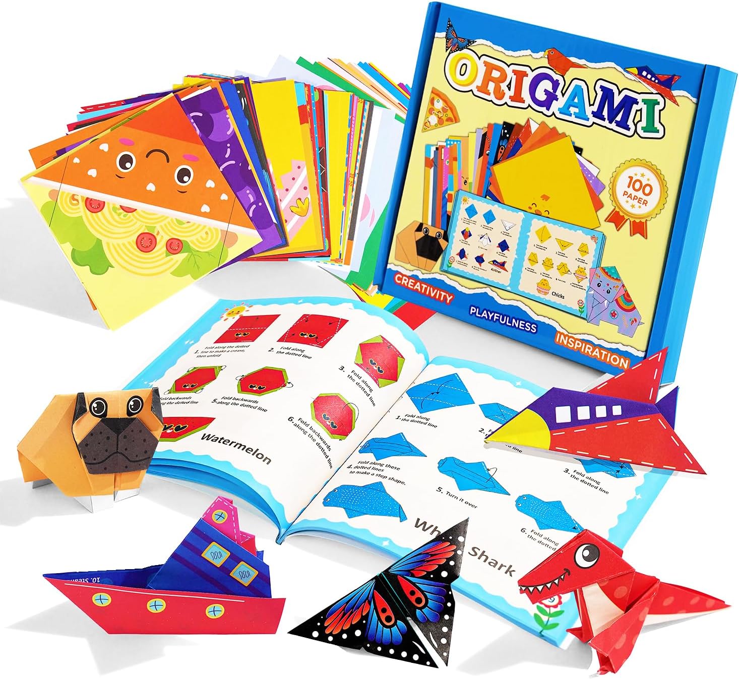 Origami Kit for Kids Ages 5-8 8-12, 100 Sheets Double Sided Colorful Folding Paper (45 Patterns×2+10Blank) with Clear Guiding Book, Animals Dinosaur Art Activity DIY Craft Set Gift for Girls Boys