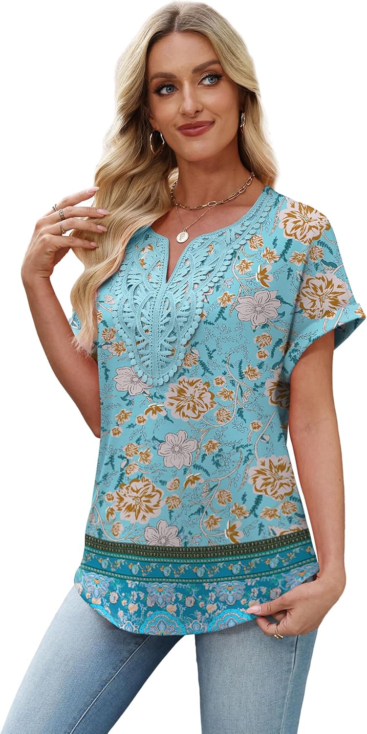 Sipaya Womens Blouses Dressy Casual Summer Shirts Short Sleeve Lace Front Boho Tunic Tops for Leggings Fashion Clothes - Image 4