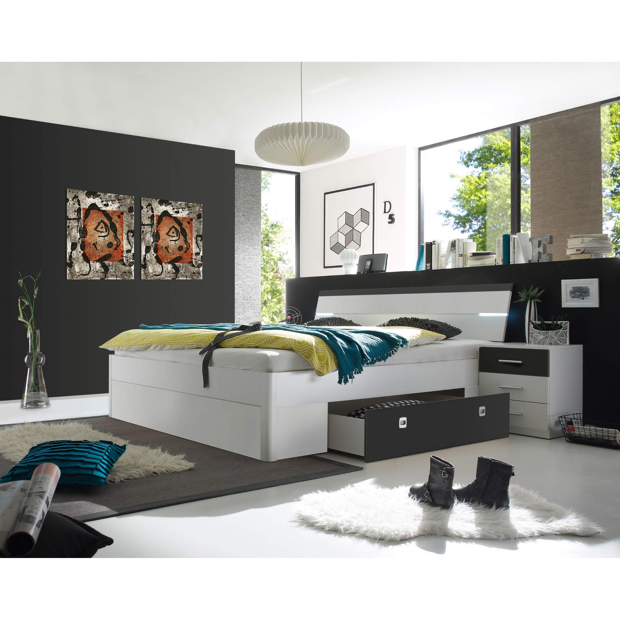 MARS Letto matrimoniale elegante 180 x 200 cm con 2x comodini - cameretta completa in Bianco / Lava - 216 x 97 x 185 cm