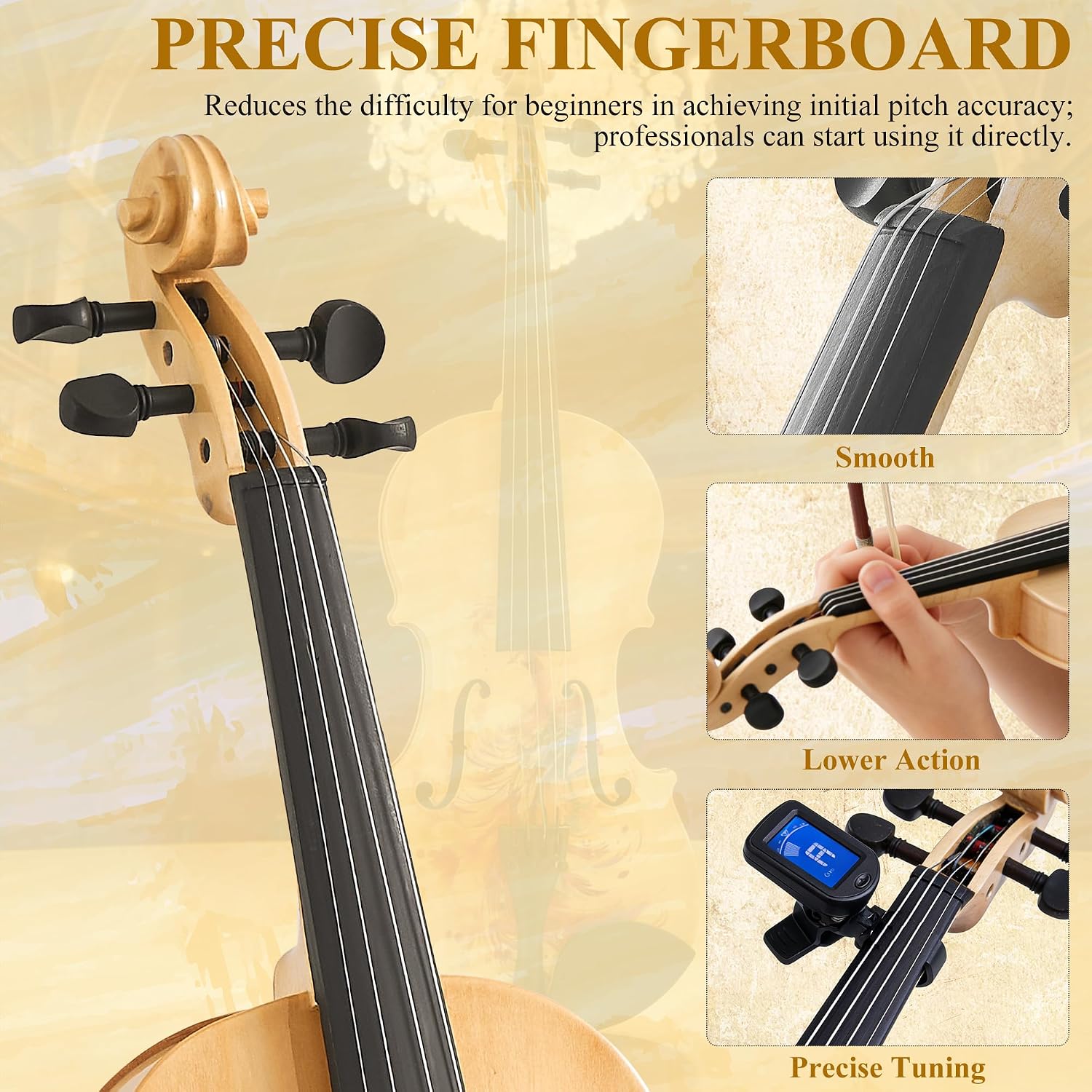 Violin 4/4 Full Size Set, 4/4 Violin Fiddle Basswood with Case & Rosin Padded Shoulder Rest, Wood Fiddle with Mute & Electronic Tuner, Bridge & Extra Strings for Adults, Beginners, Students (Style 1)