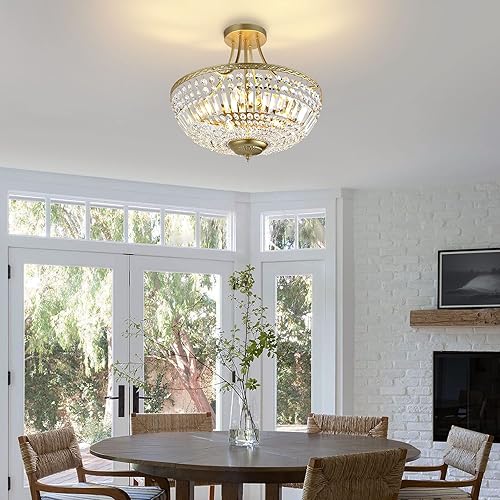 Miniatura 7 de WINGBO Lámpara de techo de cristal de 19.5 pulgadas, candelabro semiempotrado de 5 luces con gotas de lluvia, lámpara colgante redonda moderna cerca