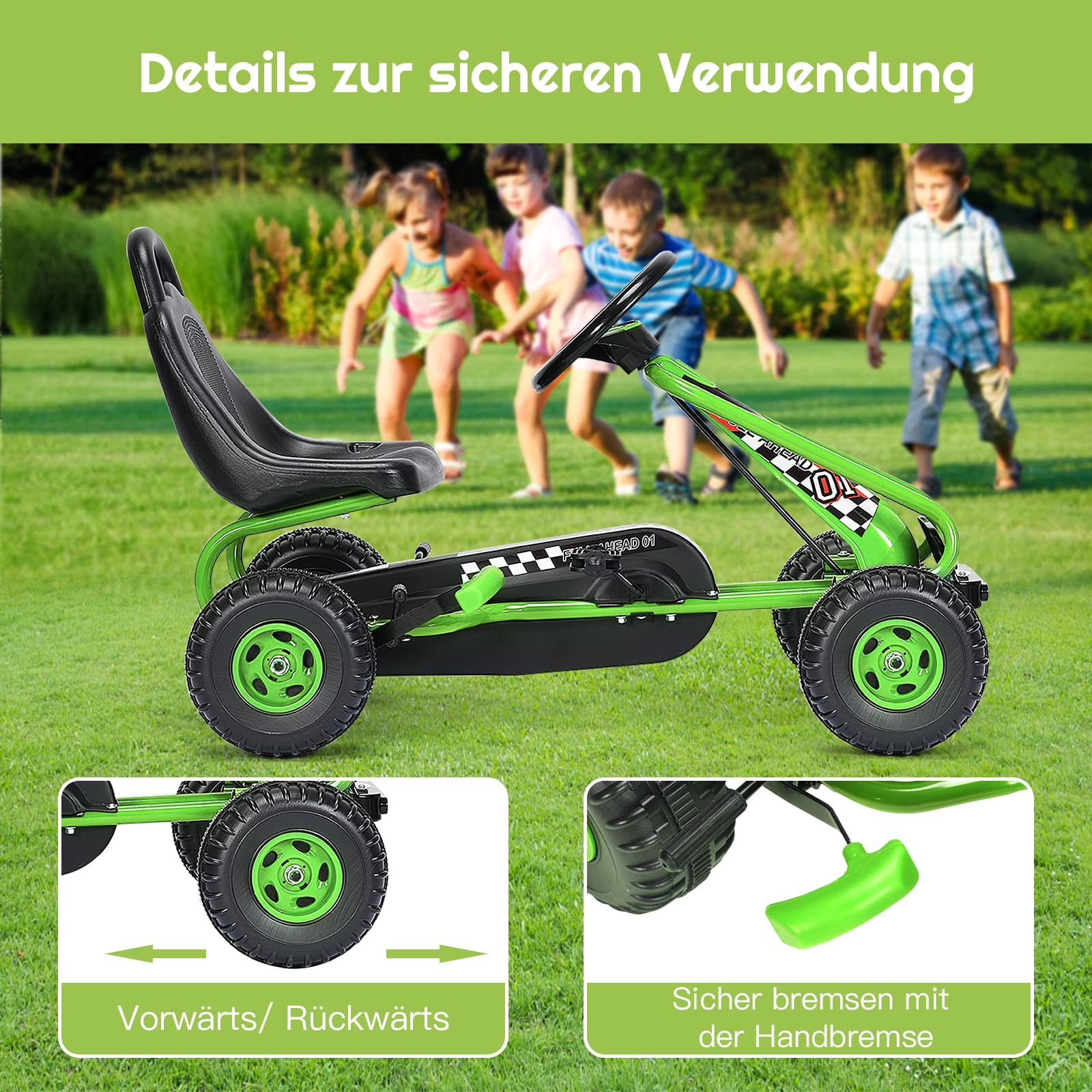 DREAMADE Gokart mit Handbremse & verstellbarem Sitz, Tretauto Tretfahrzeug mit geschlossenem Kettenkasten & Vor- und Rückwärtsgang, Pedal Go Cart für Kinder 3-6 Jahren, bis 30 kg belastbar (Grün)