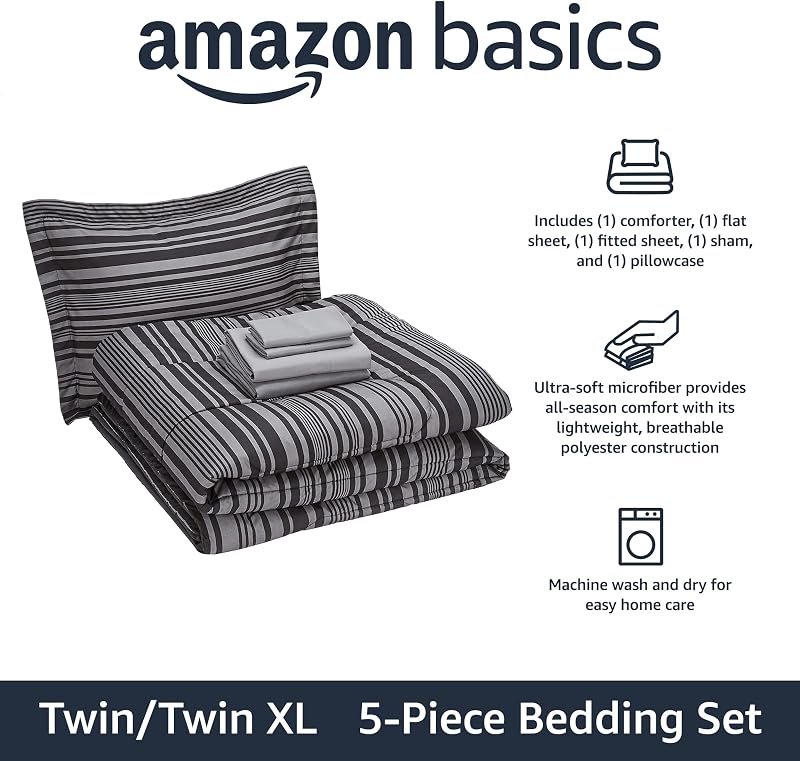 Amazon Basics 5-Piece Lightweight Microfiber Comforter Set with Sheets, Bed-in-a-Bag, Gray Calvin Striped Bedding, Twin/Twin XL image 2