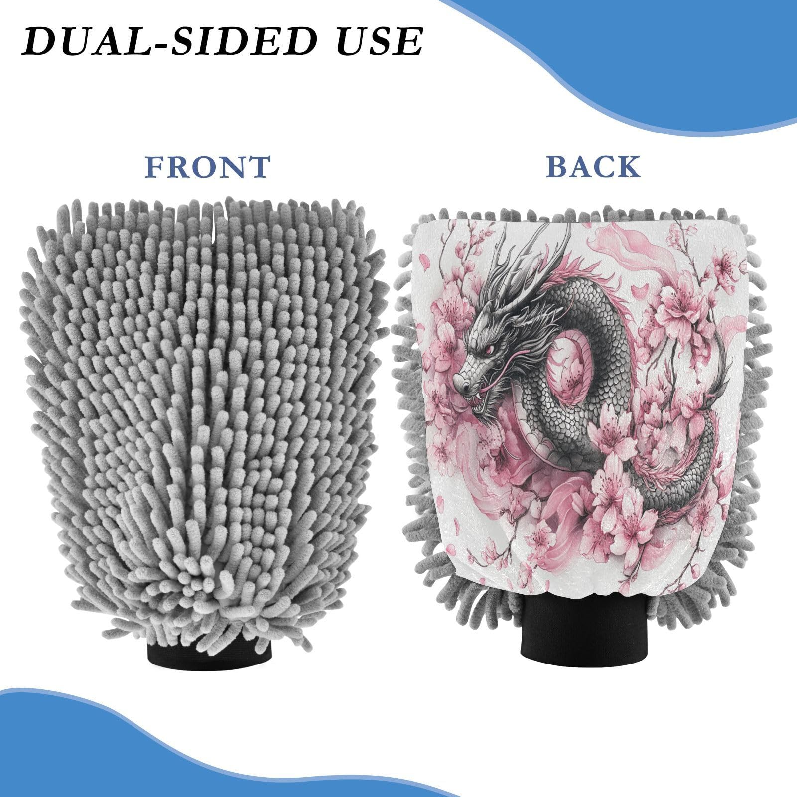 STAYTOP Beautiful Japanese Dragon Car Wash Mitt Microfiber, 2Pcs Scratch Free Lint-Free, Premium Chenille Microfiber Mitt Car Wash Brush-M