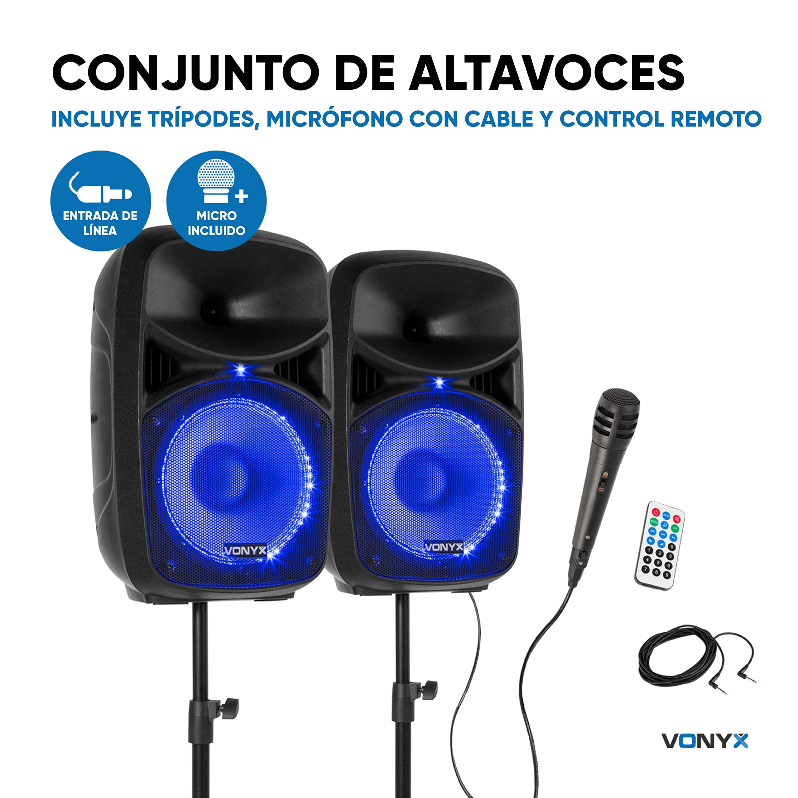 Vonyx VPS102A – Sistema de Sonido Activo 600W con 2 Altavoces 10”, Bluetooth, USB, SD, micrófono, Soportes y LED rítmicos, Altavoz Karaoke portátil Potente para Fiesta y DJ, Color Negro