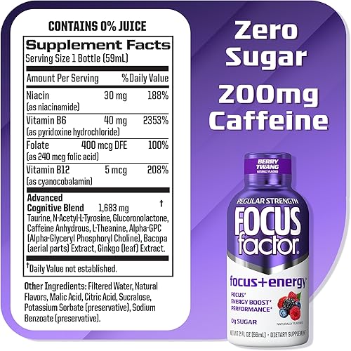 Miniatura 2 de Focus Factor Focus + Energy Shots - 12 botellas de 2 onzas (sabor a cereza Twang) - Alimentado por nootrópicos con cafeína, L-teanina, ginkgo,