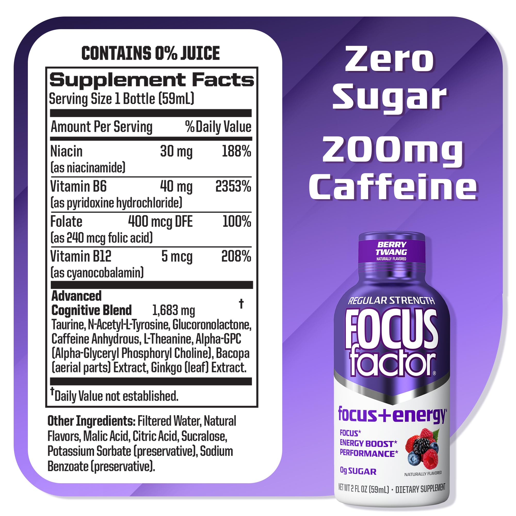 Focus Factor Focus + Energy Shots - 12 x 2oz Bottles (Berry Twang Flavor) - Powered by Nootropics with Caffeine, L-Theanine, Ginkgo, Bacopa, L-Tyrosine, Alpha GPC — Amazon image 2