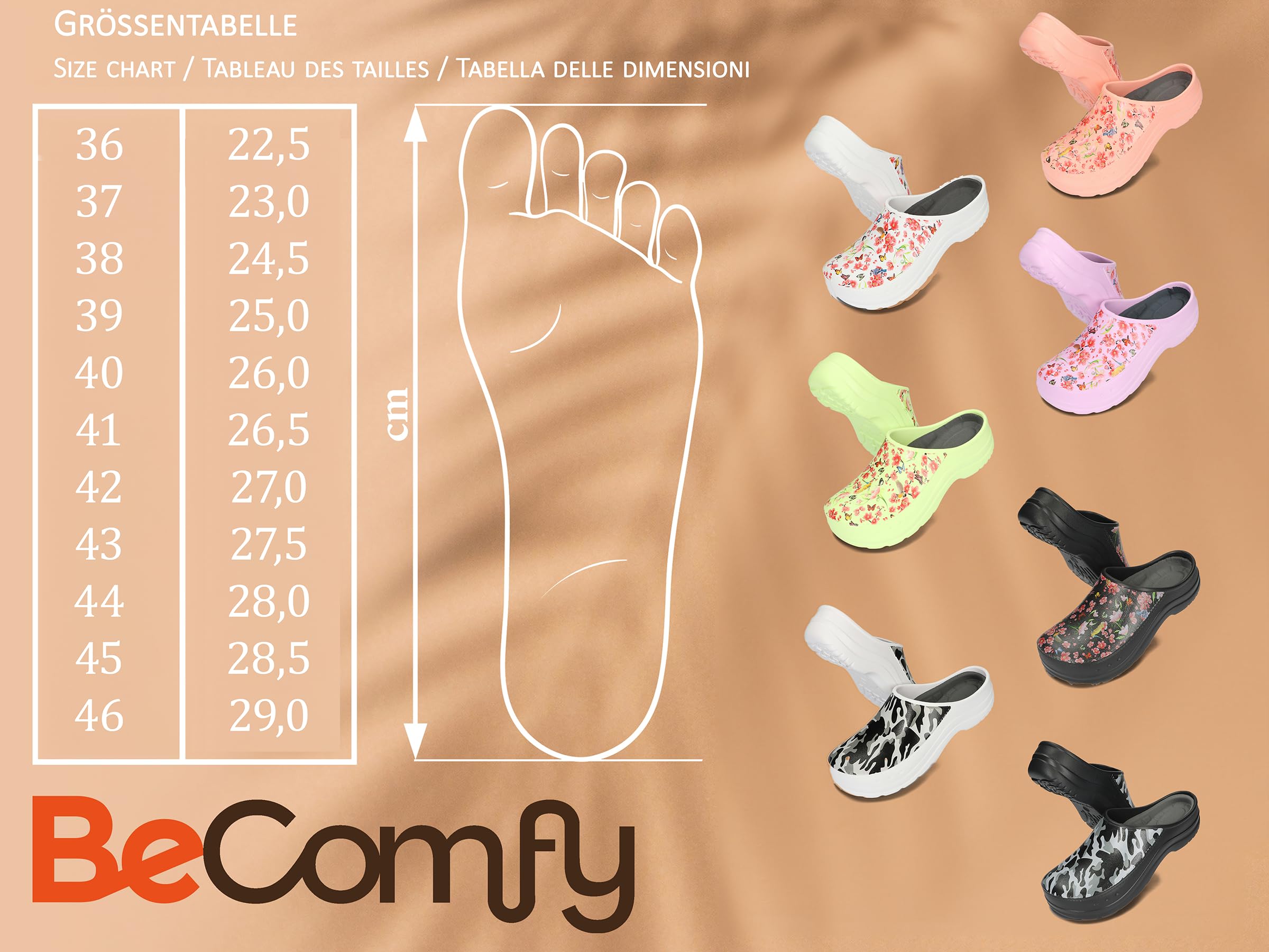 BeComfy Damskie i Męskie Chodaki Piankowe Bardzo Lekkie Klapki Unisex Zakryte Moro lub Kwiatki 36-46 EU