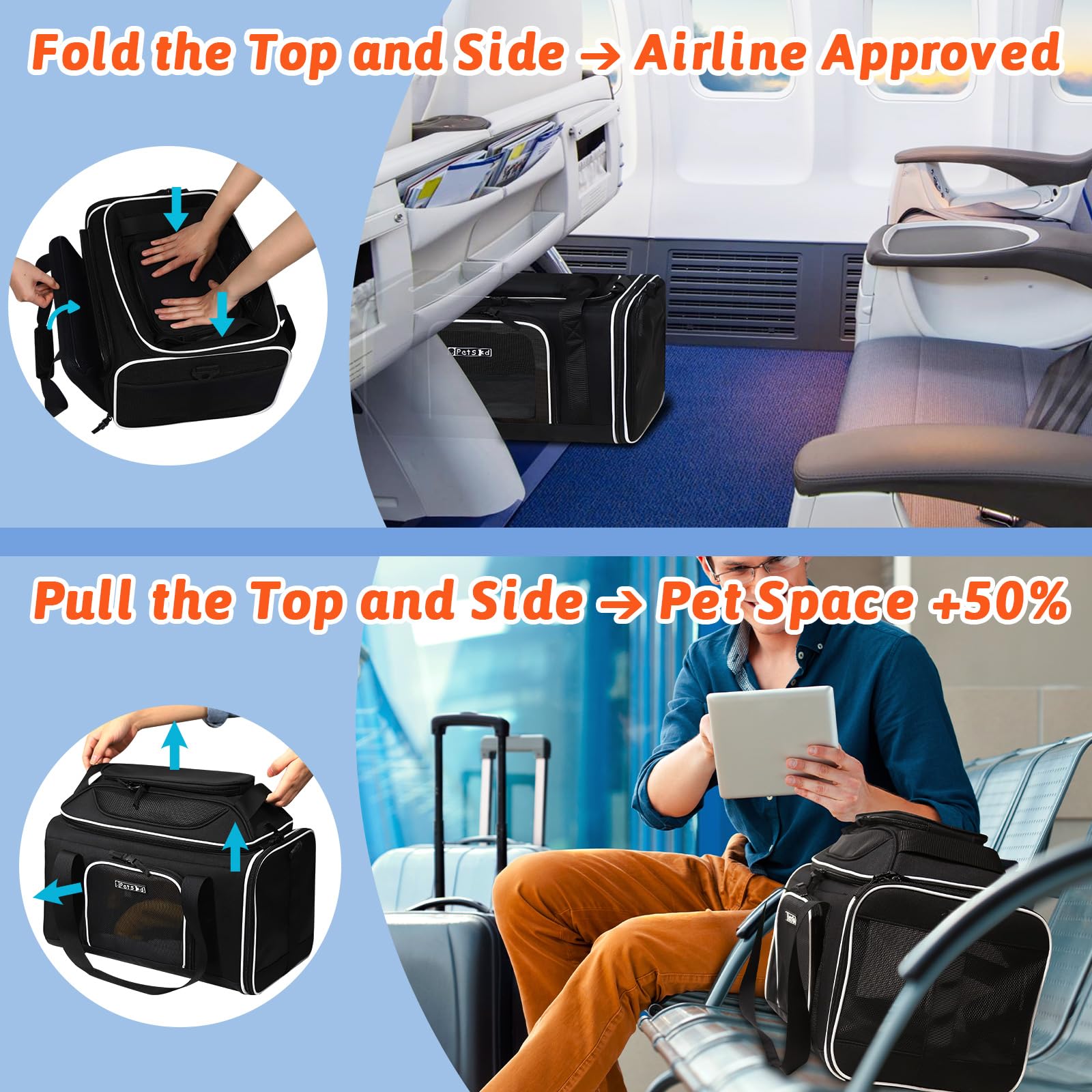Petskd Transportín con expansión superior y lateral, 41,18 x 30,48 x 21,59 cm, para JetBlue, Frontier y Spirit, blando, perros y gatos pequeños, cremalleras de seguridad y malla antiarañazos (negro)