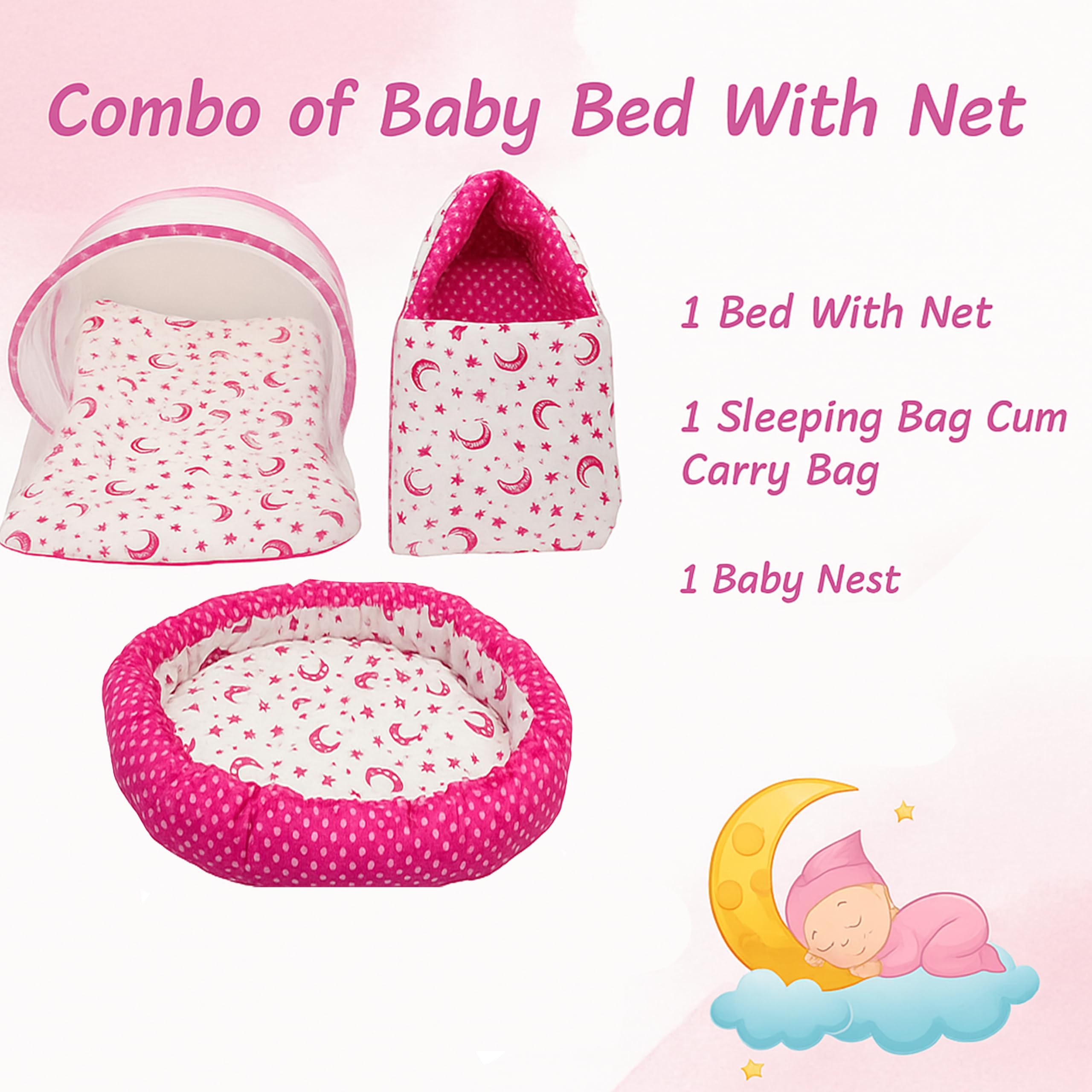 Infantbond Cotton Sleeping Essential Reversible Nest Mattress with Net Carry Bag for Baby (Moon Pink, 0-6 Months) - Image 3 thumbnail