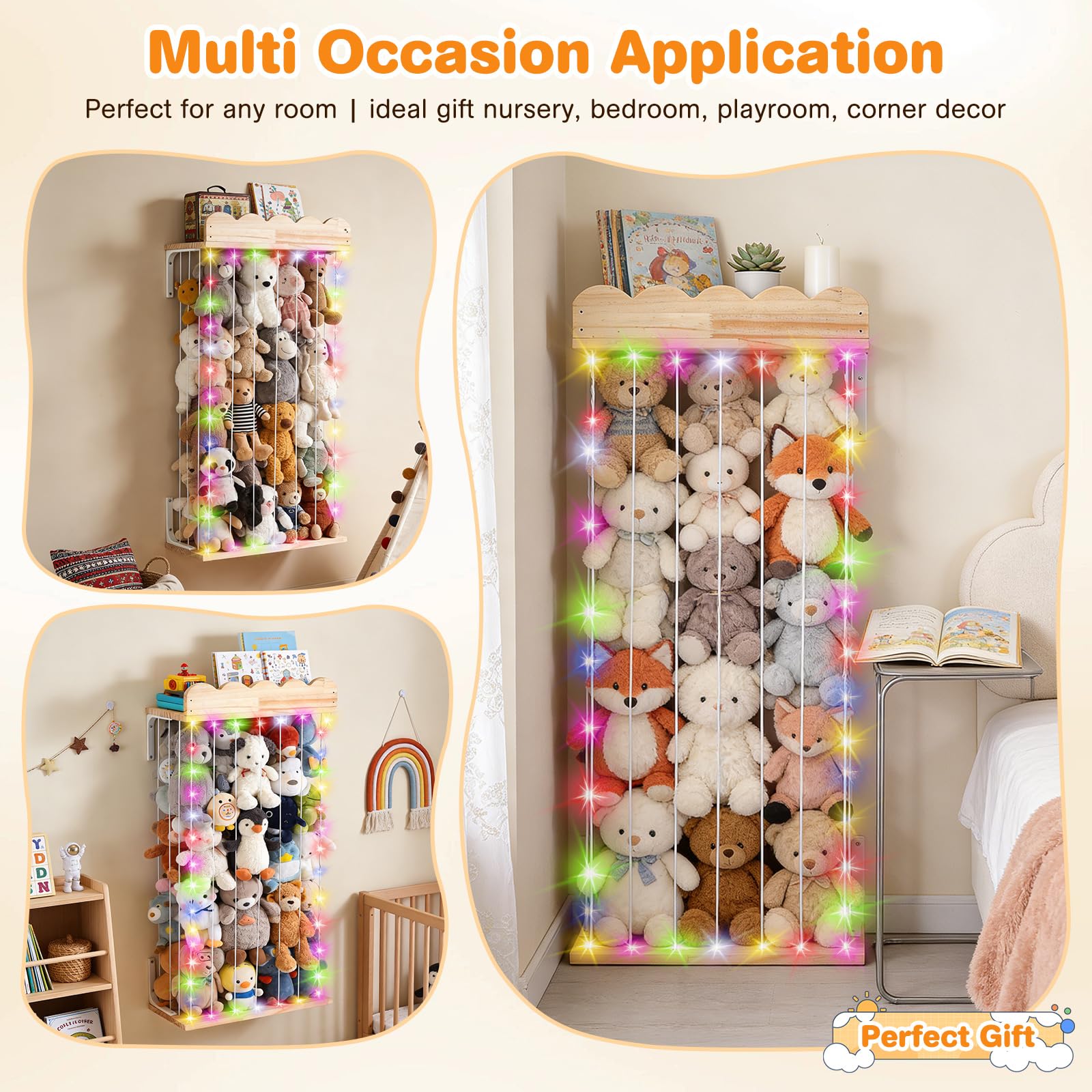 Rangement Peluche de Enfant, Mural Suspendu Range Peluche en Bois Gain de Place, 183 * 43 * 20CM Rangement Jouet Enfant pour Salle de Jeux, Chambre d'enfant, Chambre à Coucher,Hauteur Ajustable