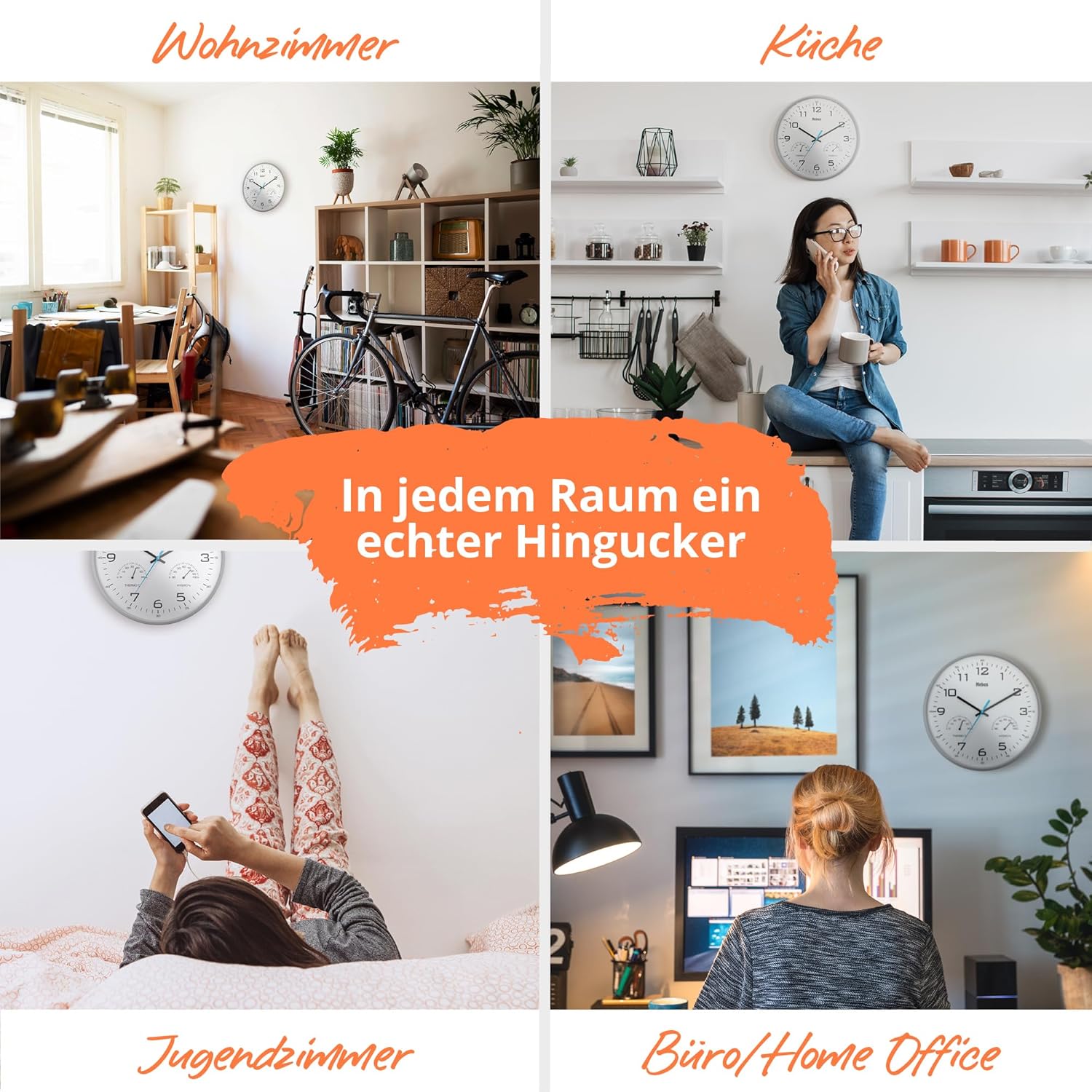 Mebus Analogue Quartz Wall Clock with Thermometer and Hygrometer, Gray, 30 cm Diameter