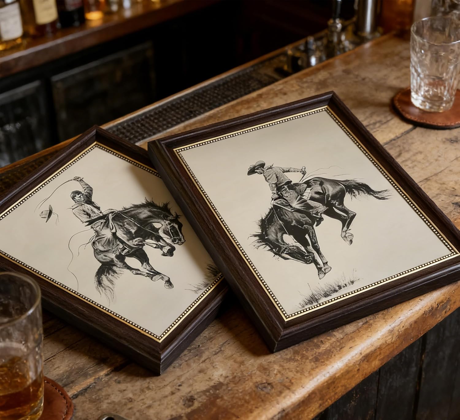 Framed 2Pcs Western Cowboy Canvas Wall Art Retro Wild West Rodeo Painting Picture Wall Decor Southwest Rustic Country Poster Print Artwork for Gallery Bathroom Office Home Decoration 12x16 inch