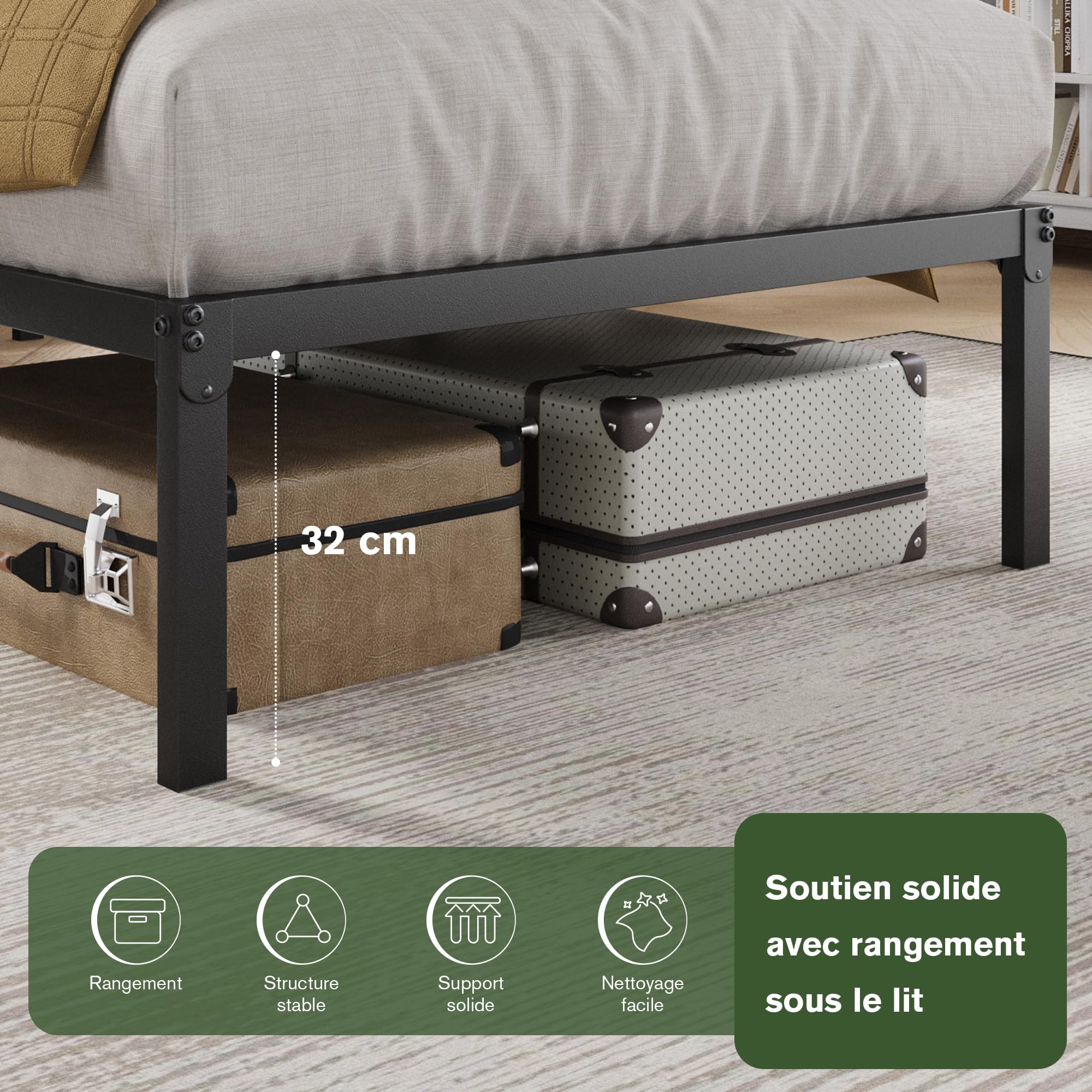MUTICOR Lit métal 90x200 cm avec Rangement, Design Moderne, Noir